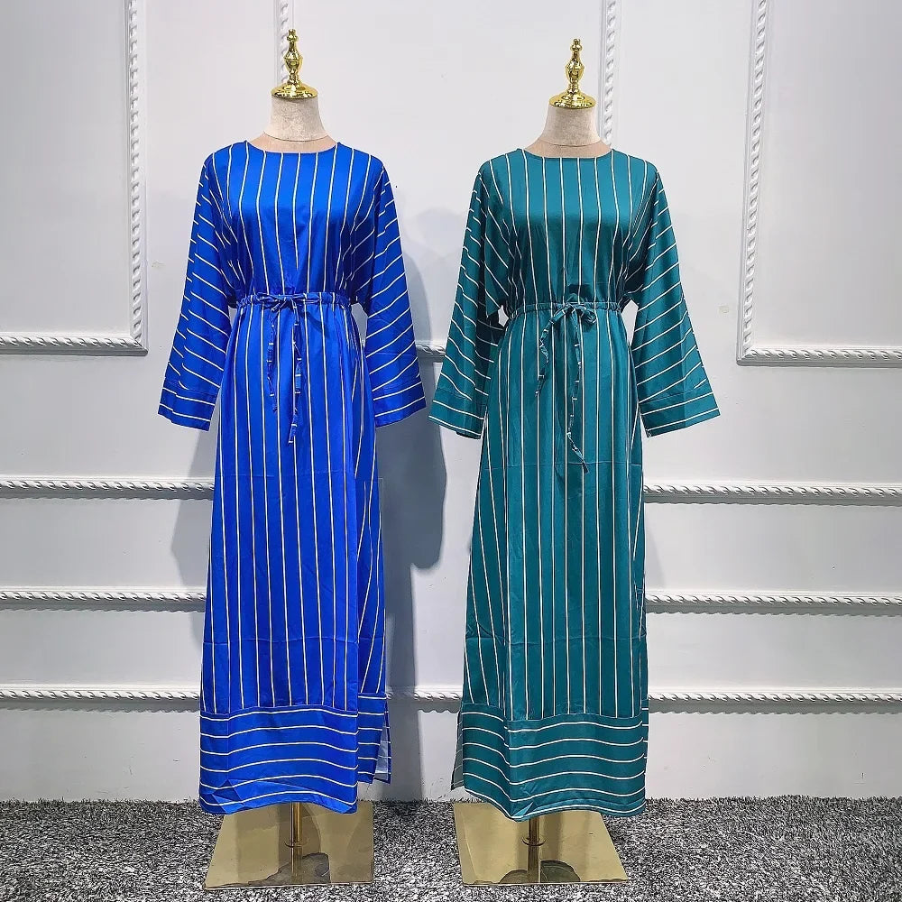 Wholesale new stripe blue green color Muslim fashion Dubai Abaya Islamic clothing summer dress