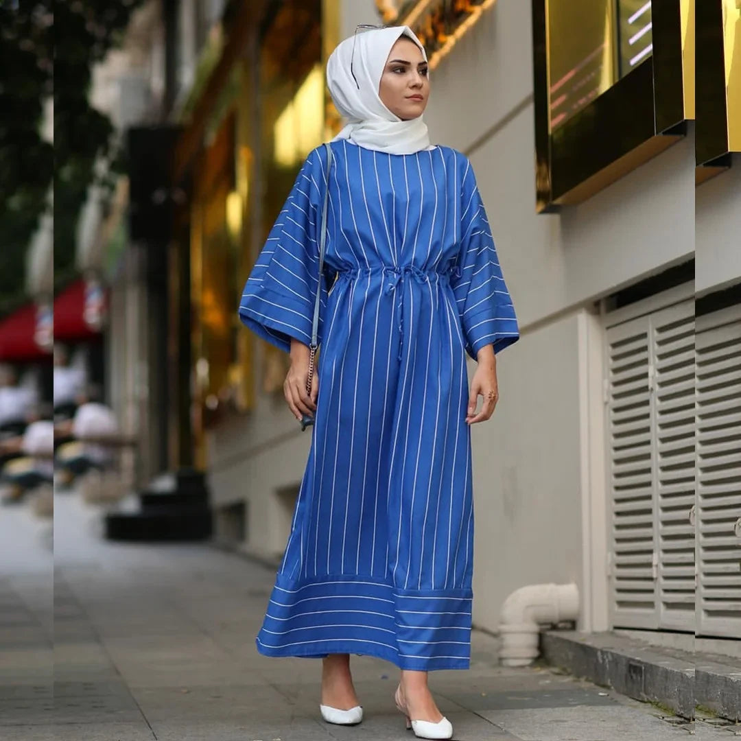 Wholesale new stripe blue green color Muslim fashion Dubai Abaya Islamic clothing summer dress