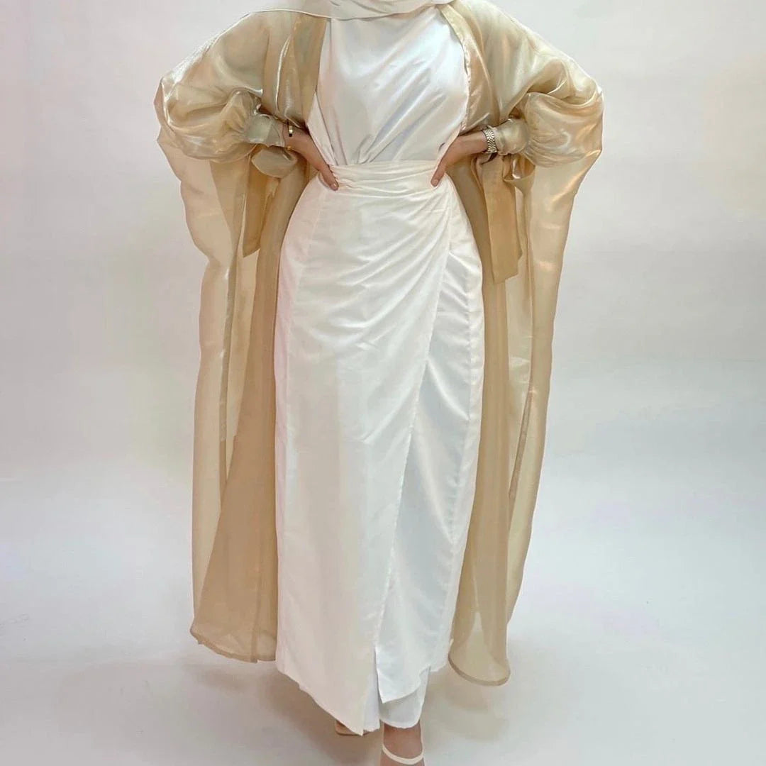 2022 New Design Elegant Fashionable Dubai Turkish Organza Translucent Open Front Abaya Women Muslim Dress