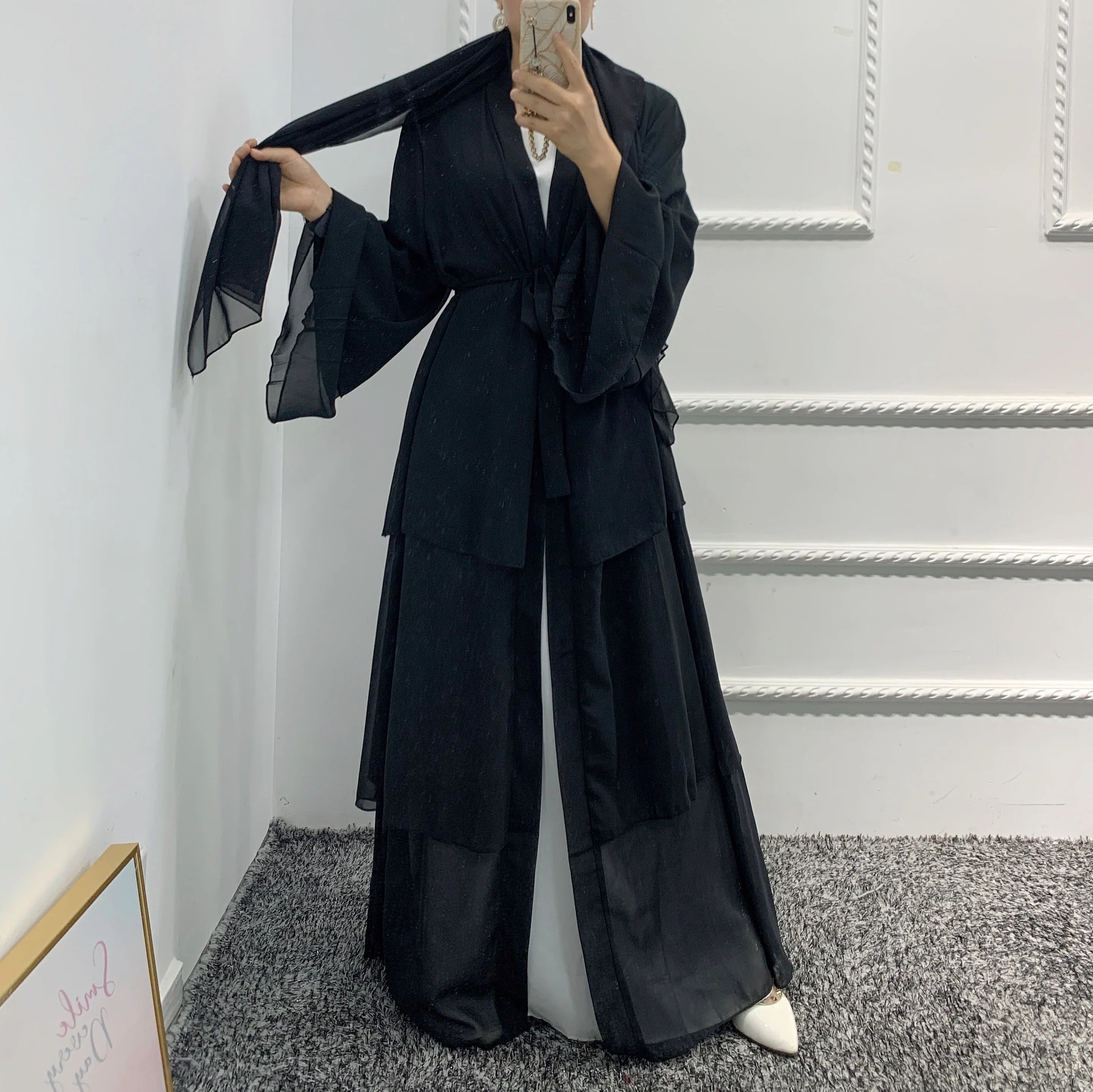 2022 New design islamic clothing women 3 Layer Chiffon Open Abaya Dress for Arab Muslim girls