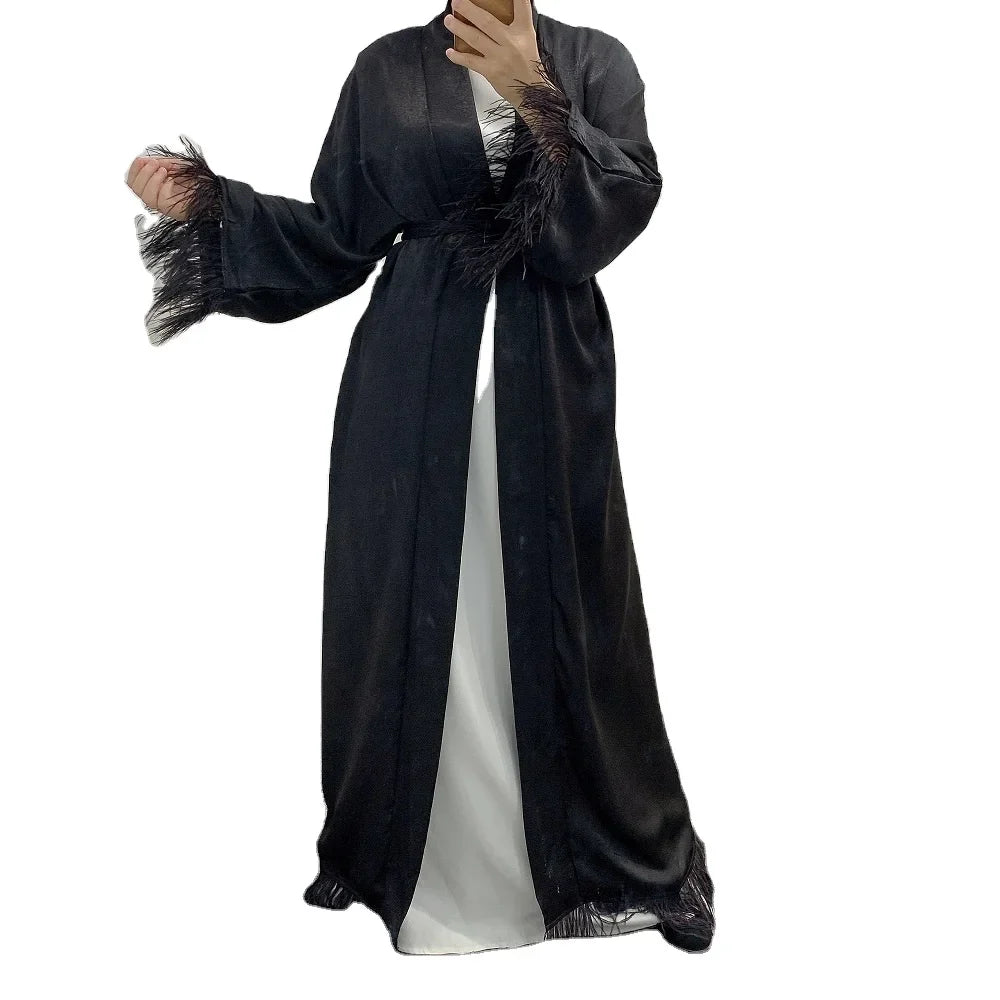 Top Selling Modest Front Open Abaya Cardigan Islamic Dress Polyester with Fur Caftan Islamic Clothing