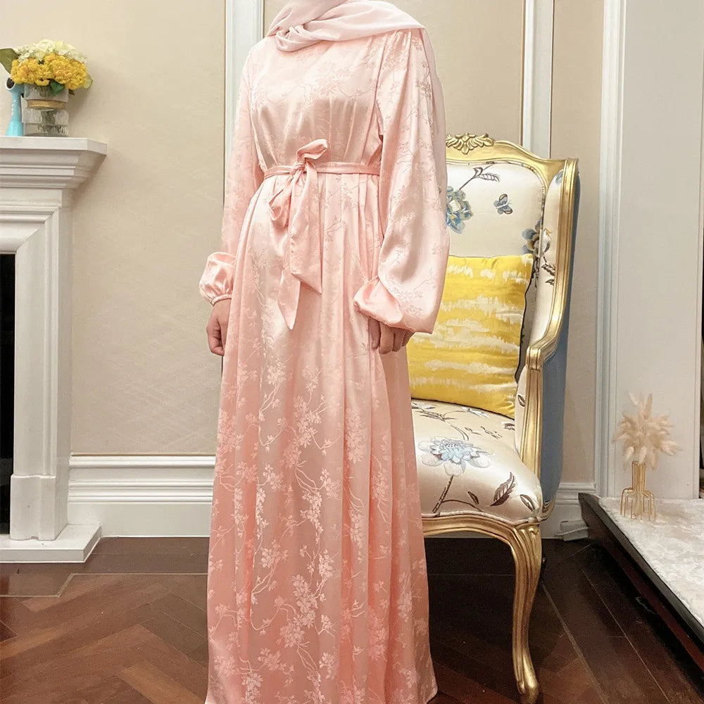 Elegant High Quality Islamic Clothing Muslim Satin Printed Floral Abaya Dress for EID Maxi Dress