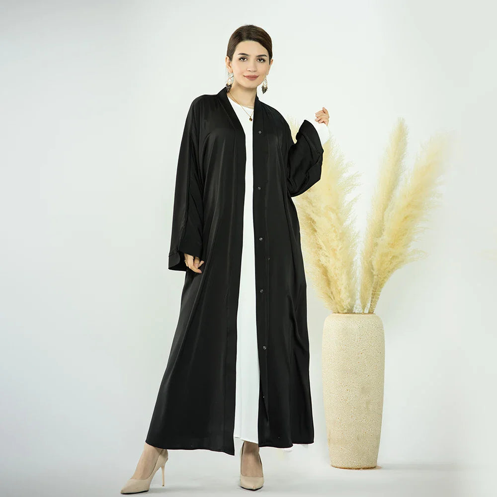 Loriya 2023 Robes modestes Couleurs unies Satin Abaya ouverte avec poches latérales Filles musulmanes Abaya 