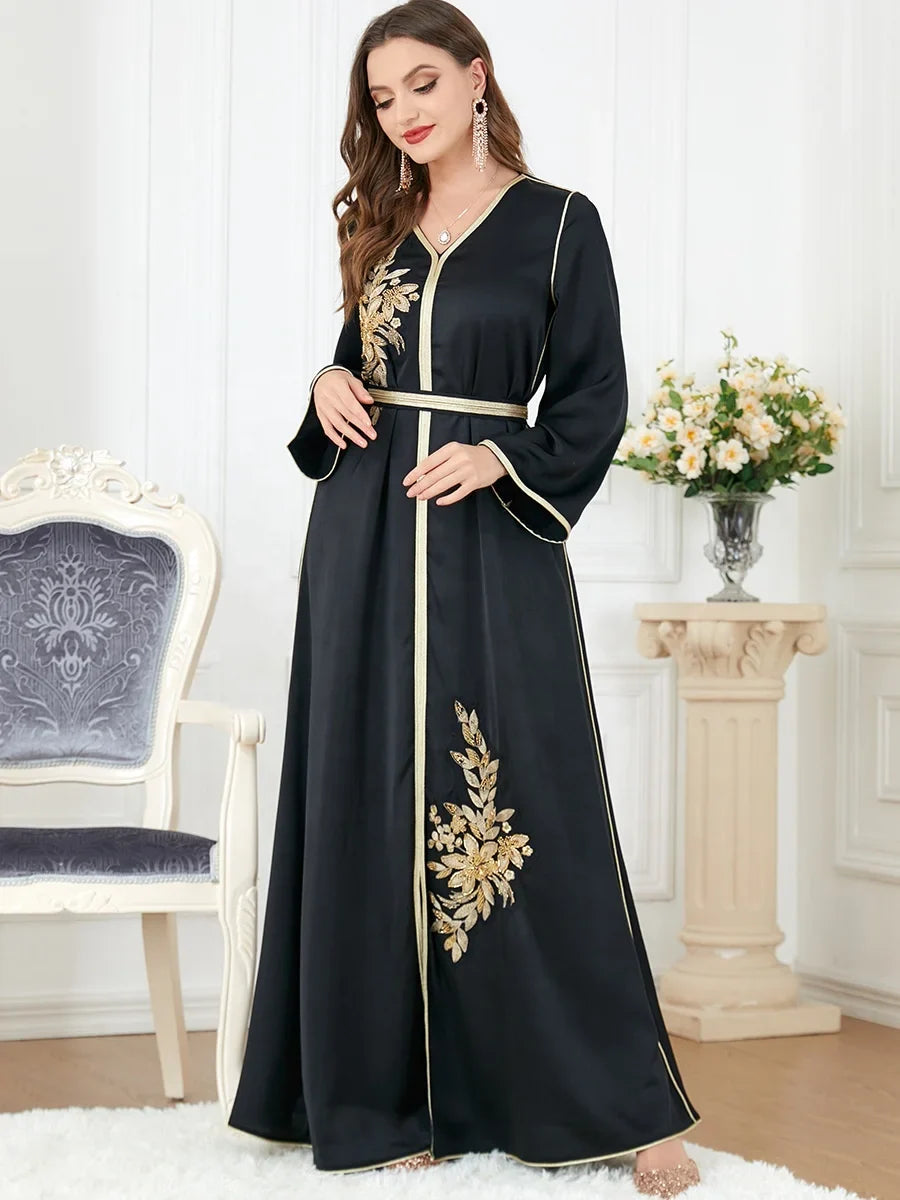 Loriya Wholesale Muslim Women Dress Long Sleeve V Neck Elegant Black Kaftan Modest Dress Abaya Islamic Clothing