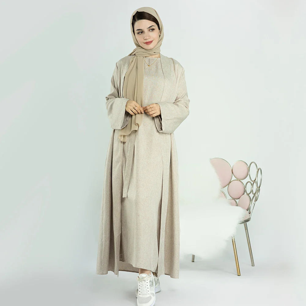 2023 Loriya Fashion New EID Islamic Clothing Linen Solid Color Open Abaya Muslim Ladies Abaya