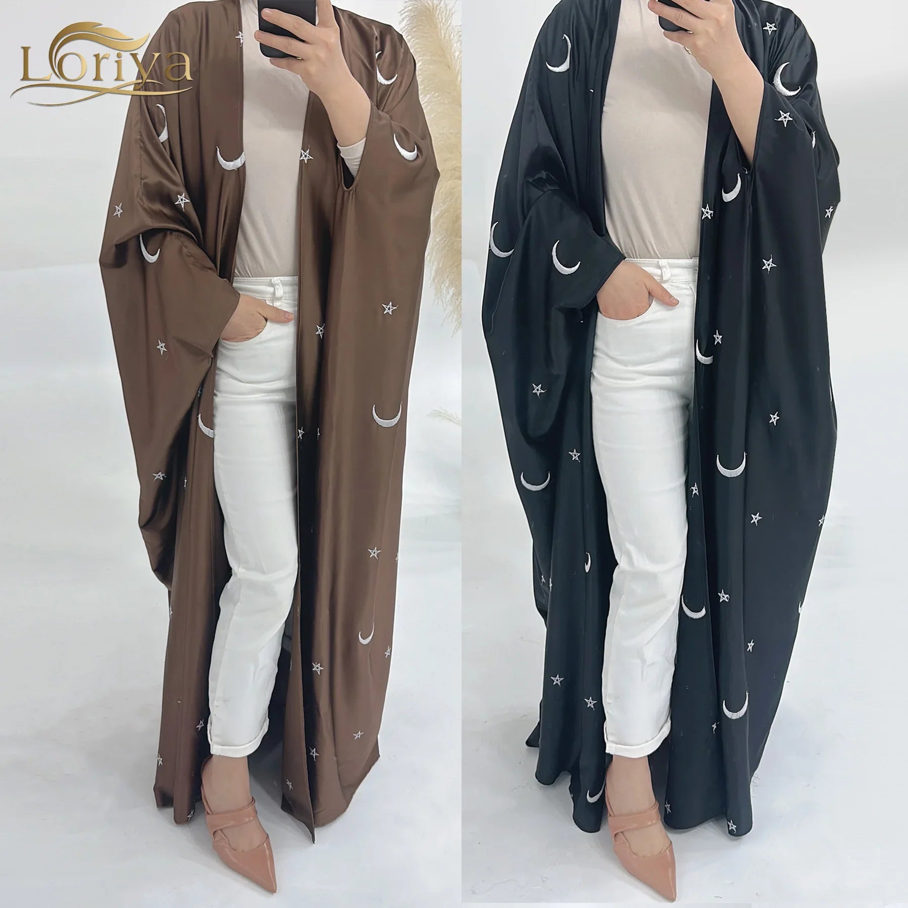 Loriya Abaya 2024 Vêtements islamiques Satin ouvert Abaya Cardigan broderie lunes et étoiles Dubaï Abaya femmes robe musulmane 