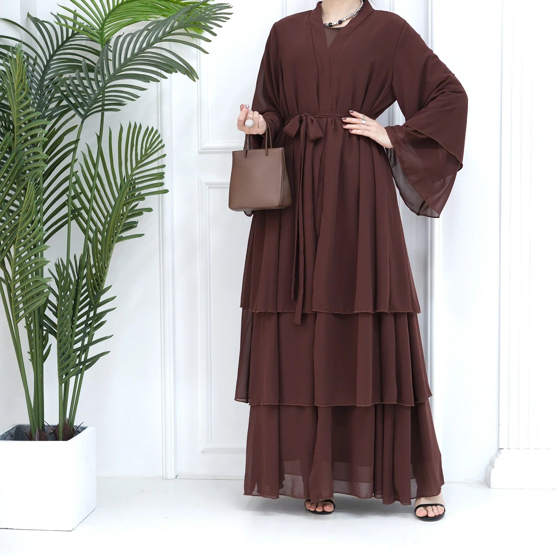 Loriya 2024 Nouveau Grand Ourlet Dubaï Élégant Kimono Abaya Femmes Robe Musulmane 3 Couches En Mousseline De Soie Ouverte Abaya Turquie Vêtements Islamiques 