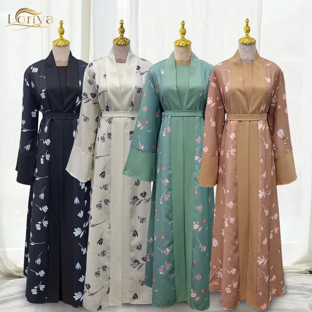 Loriya new abaya designs turkey flower printing women cardigan abaya muslim women open abaya modest dresses