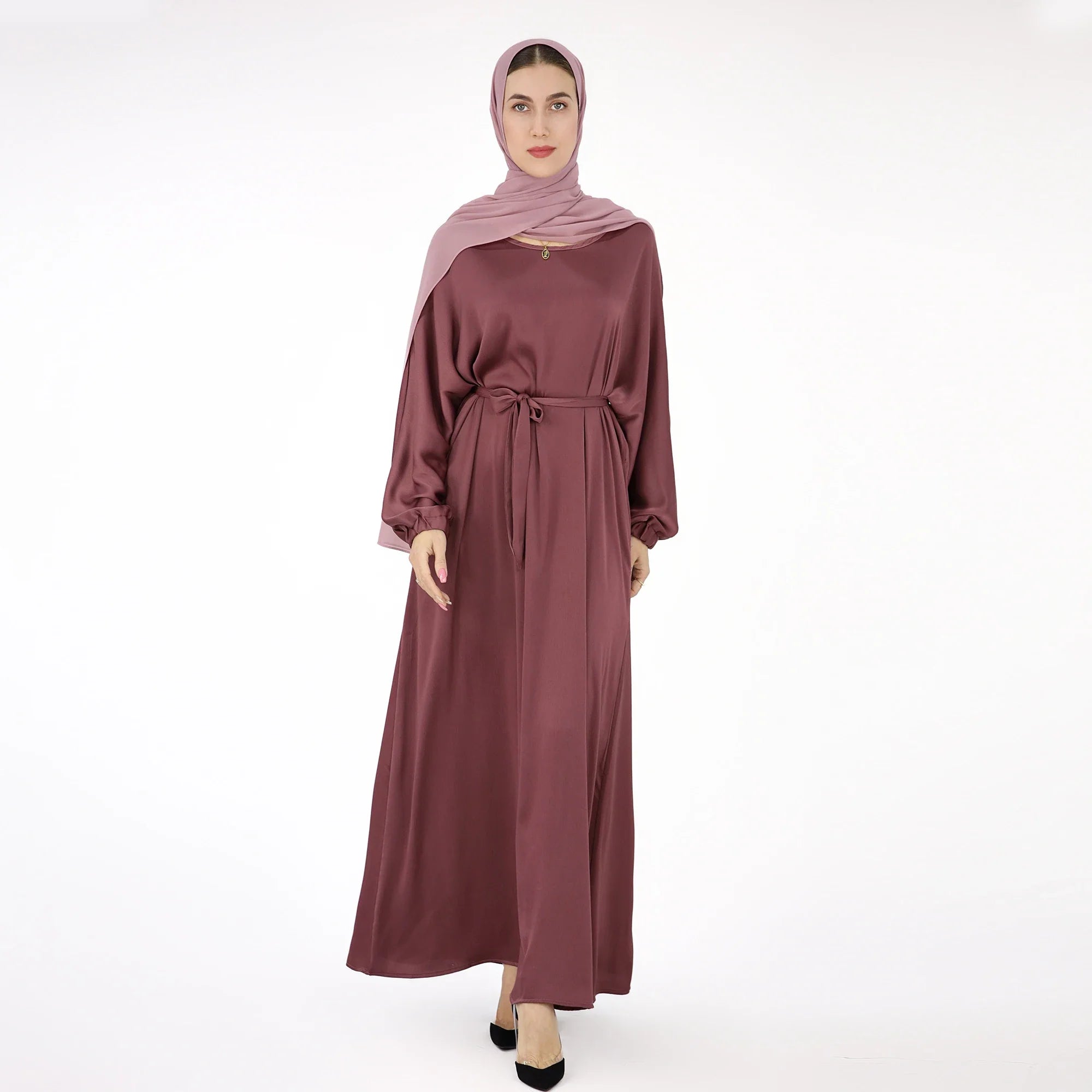 Drop Shipping Loriya New Trend Wrinkle Satin Women Modest Abaya Women Muslim Dress Fashion Muslim Clothing with Elastic Sleeve a