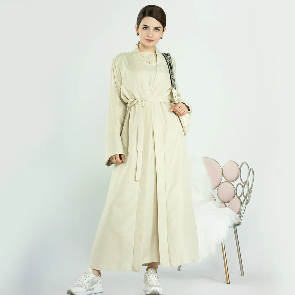 2023 Loriya Fashion New EID Islamic Clothing Linen Solid Color Open Abaya Muslim Ladies Abaya