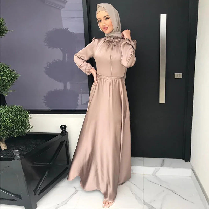 8 colors bulk wholesale maxi dresses muslim women long sleeve abaya satin dress dubai islamic clothing