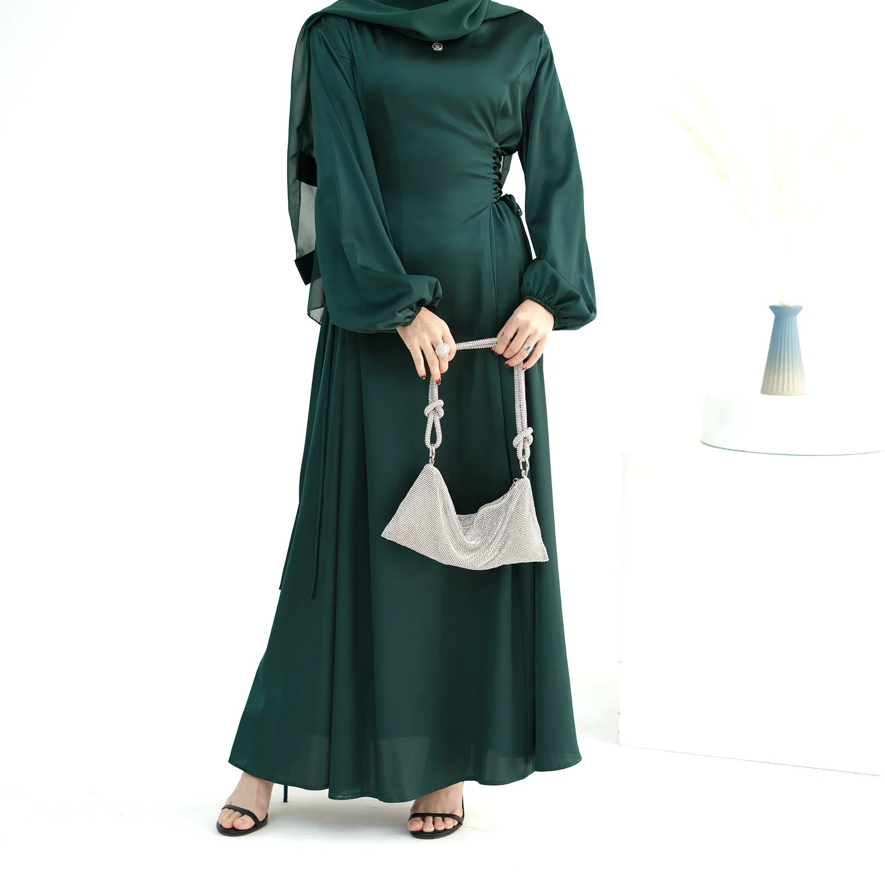 2024 Loriya Modest Satin Women Casual Dress Long Sleeve Middle East Arabic Islamic Clothing Modest Abaya Muslim Dress