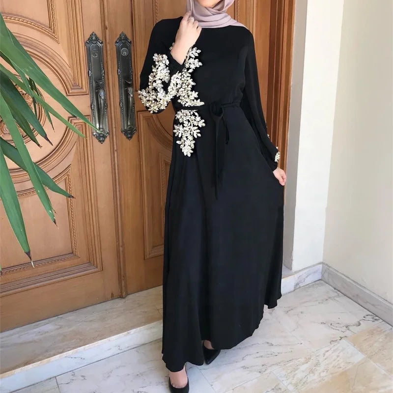 New fashion beaded embroidery maxi dress round neck summer muslim women nida dress abaya