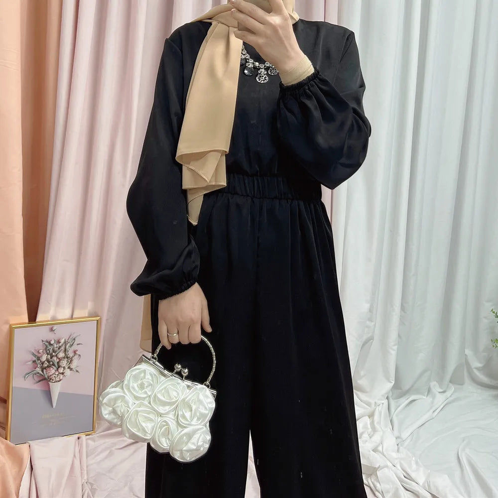 New arrival Fashion Elegant Women Islamic Abayas Jumpsuit Dubai Turkey Satin Muslim dress