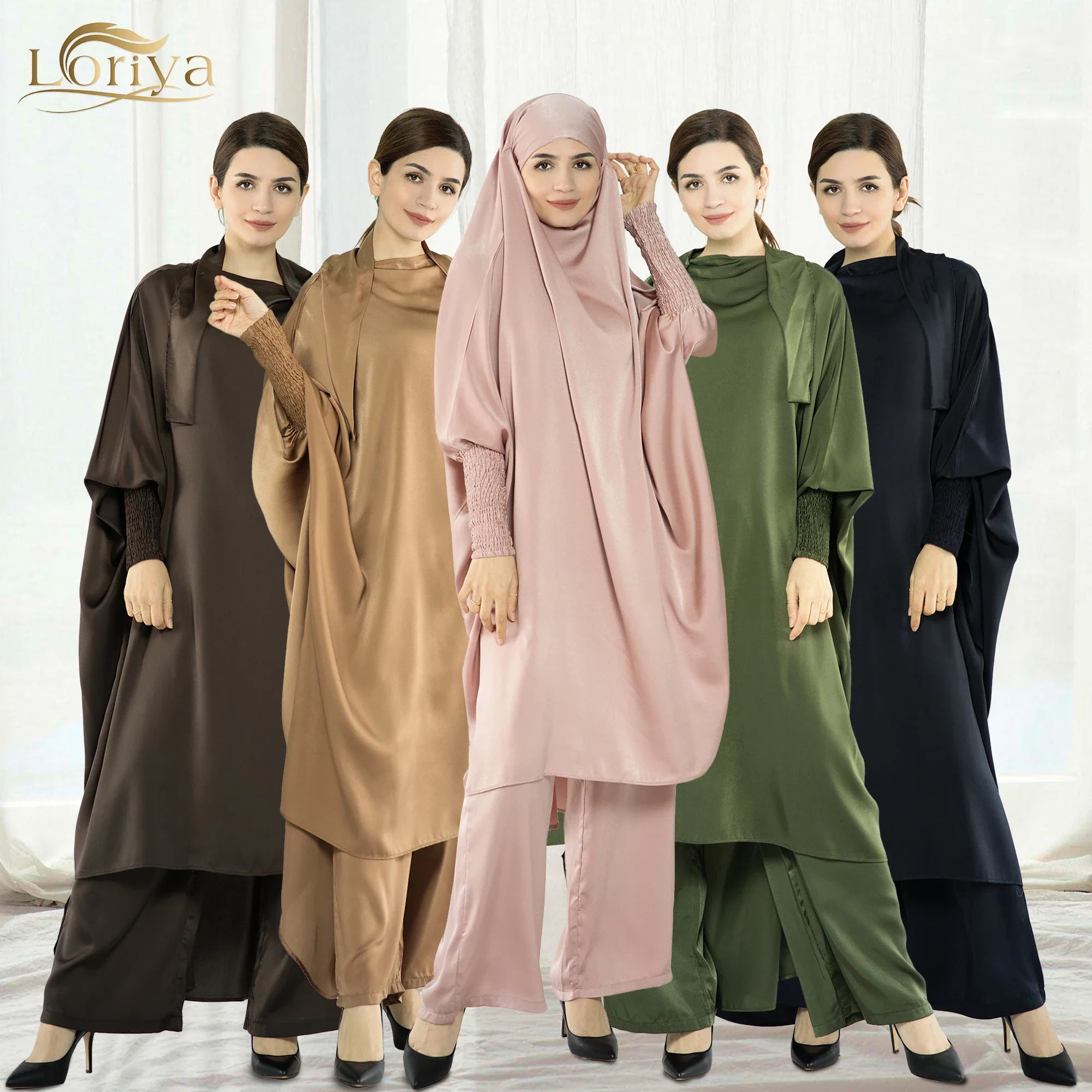 Loriya Satin Two-Piece Hijab Dress and Pants Set  Prayer Abaya Modest Islamic Clothing Muslim Prayer Abaya Set