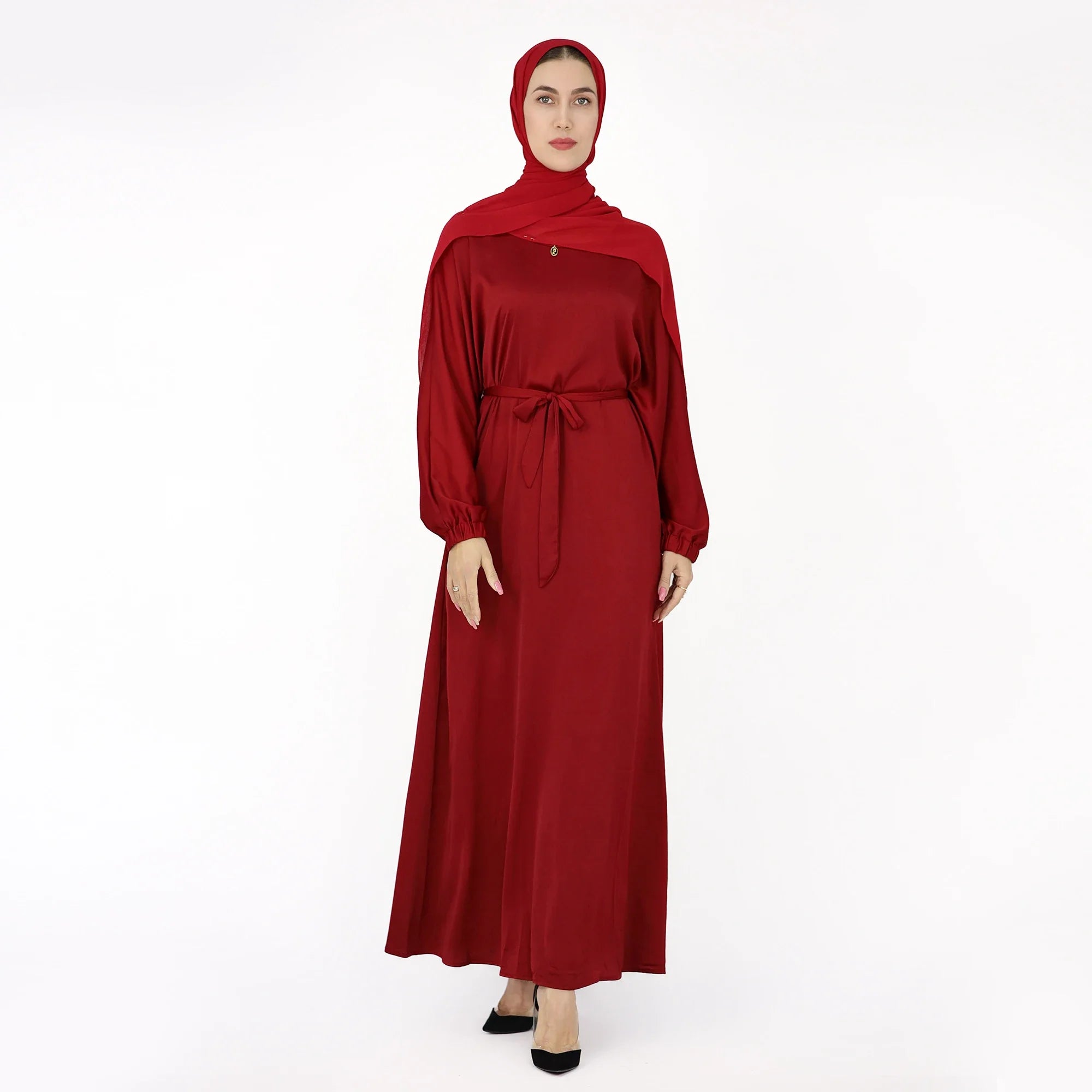 Drop Shipping Loriya New Trend Wrinkle Satin Women Modest Abaya Women Muslim Dress Fashion Muslim Clothing with Elastic Sleeve a