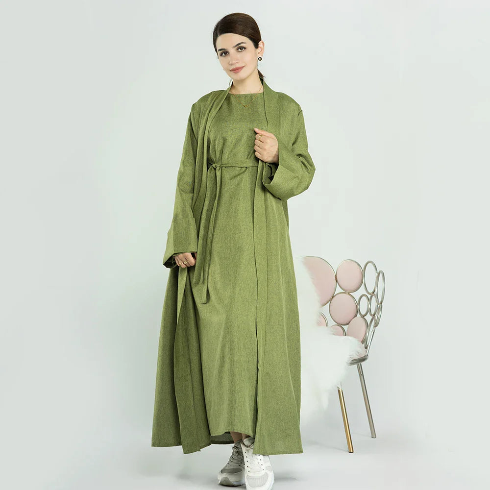 Loriya Ramadan Latest Linen Maxi Modest Dress Muslim Moroccan Open Abaya for Eid Mubarak