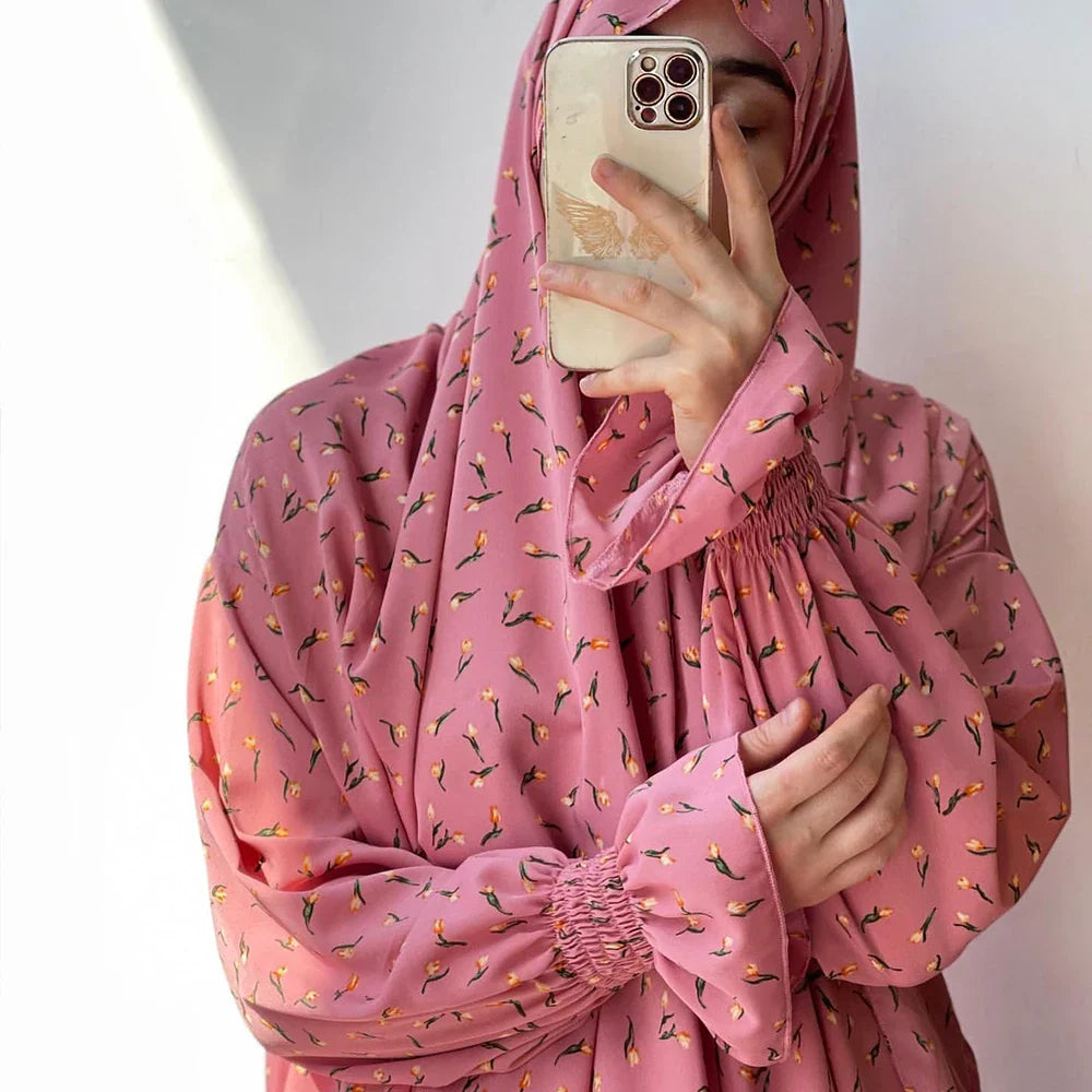 2022 New Style Jilbab Floral Print Islamic Women Long Khimar Prayer Hijab Abaya Dress