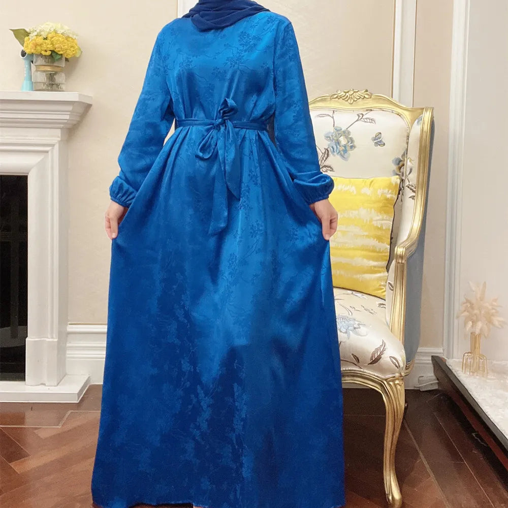 Elegant High Quality Islamic Clothing Muslim Satin Printed Floral Abaya Dress for EID Maxi Dress