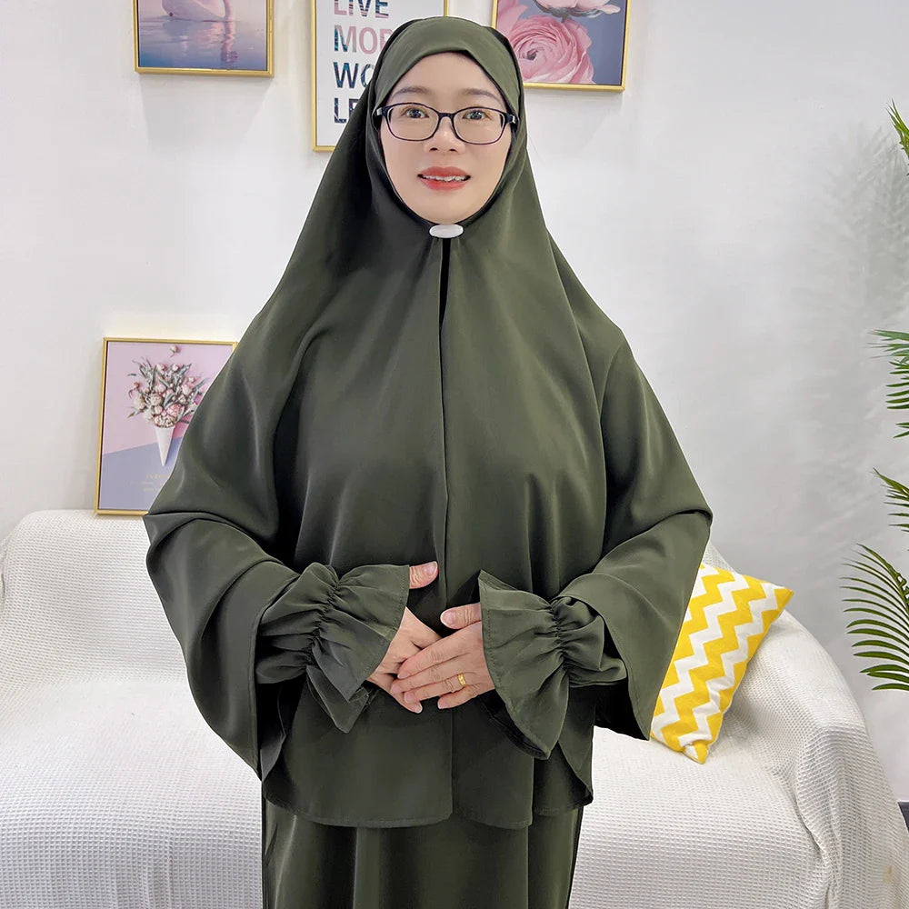 Drop Shipping Loriya Eid Modest Khimar Hijab Abaya Set Nida Fabric Muslim Khimar Abaya Dress 2 Pieces Wholesale