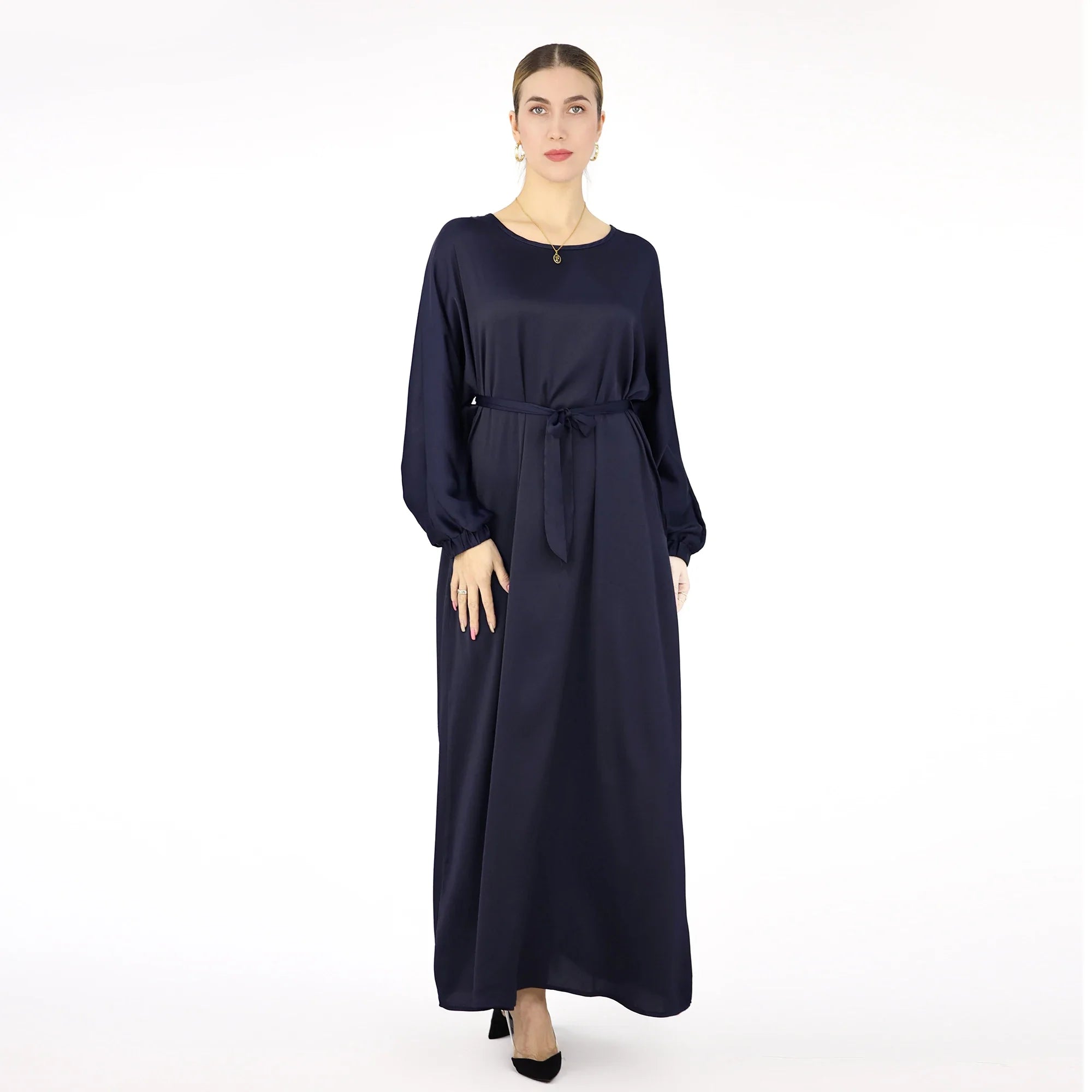 Drop Shipping Loriya New Trend Wrinkle Satin Women Modest Abaya Women Muslim Dress Fashion Muslim Clothing with Elastic Sleeve a