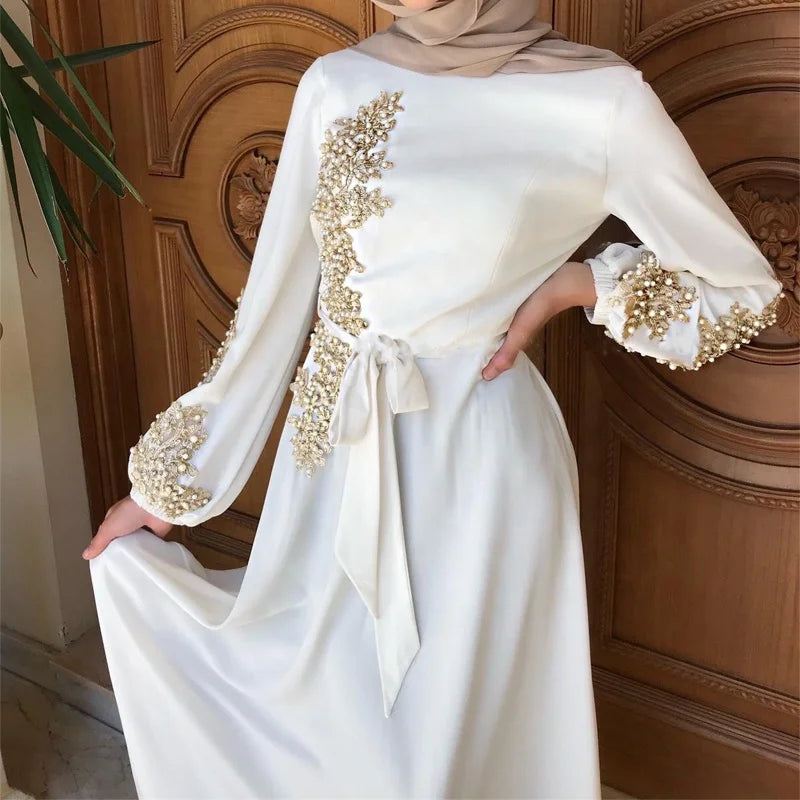 New fashion beaded embroidery maxi dress round neck summer muslim women nida dress abaya