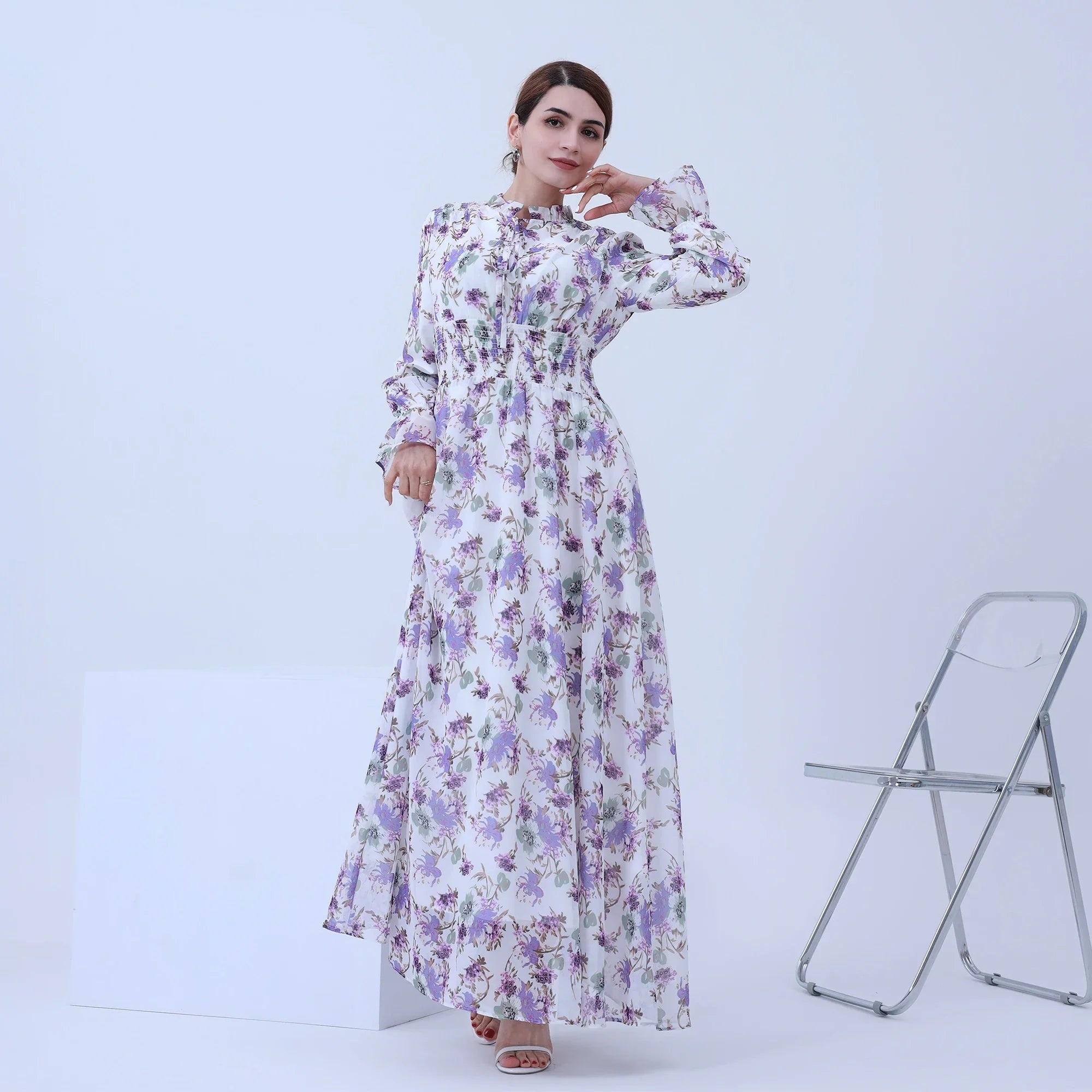 2022 New Arrival Traditional Muslim Clothing High Quality Modest Printed Chiffon Dress Long Maxi Abaya Women Muslim Dress