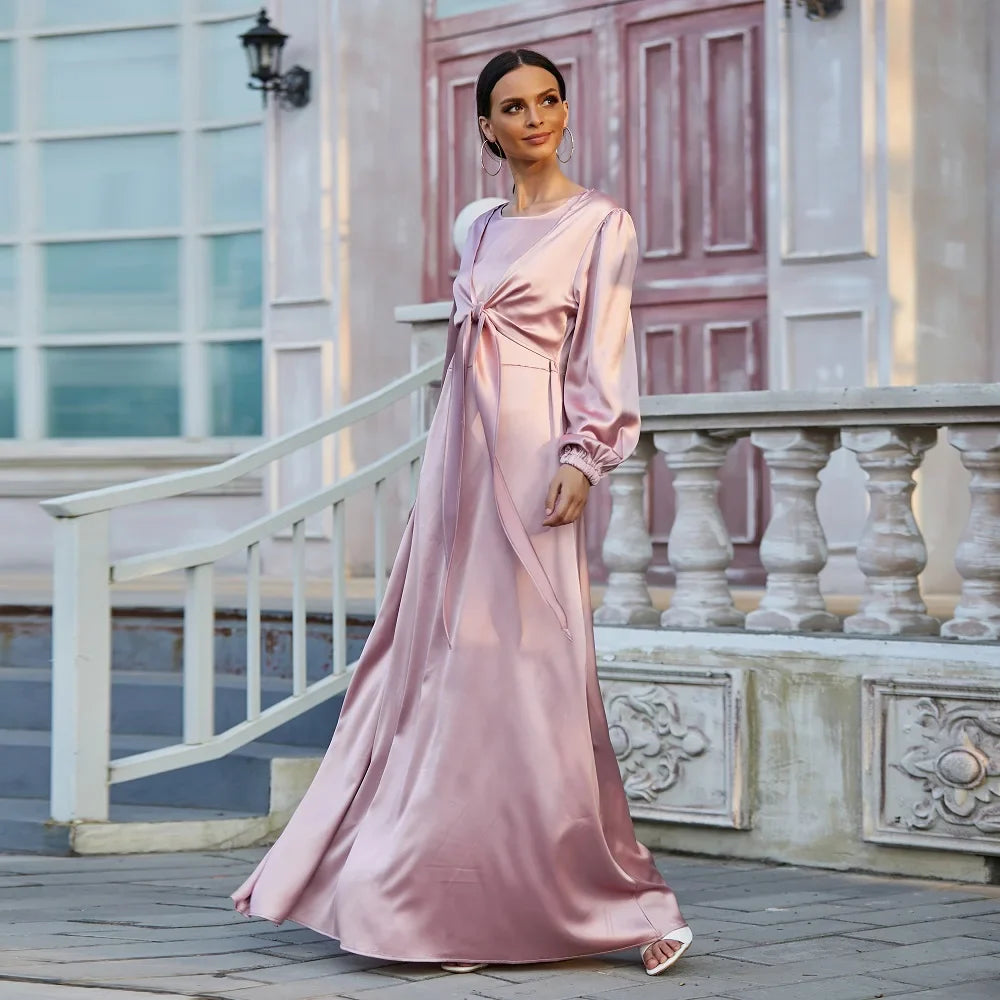 Elegant Indonesia islamic clothing satin material abaya women muslim dress long maxi slip twist islamic dresses wholesale