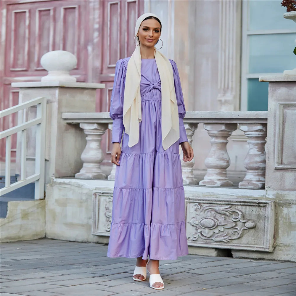 Best selling modern islamic clothing Ruffles hem puff sleeves cotton long maxi women muslim dress