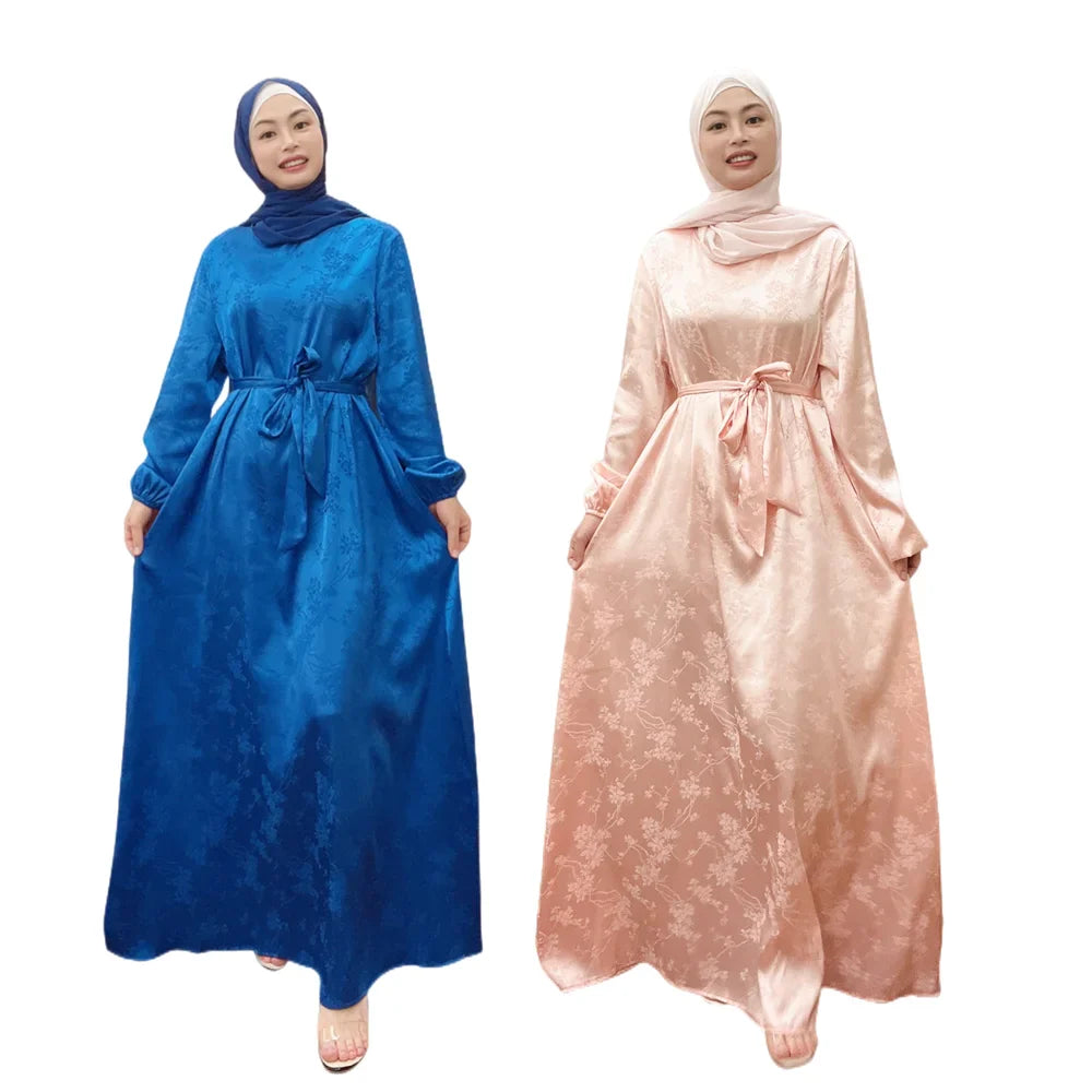 Elegant High Quality Islamic Clothing Muslim Satin Printed Floral Abaya Dress for EID Maxi Dress