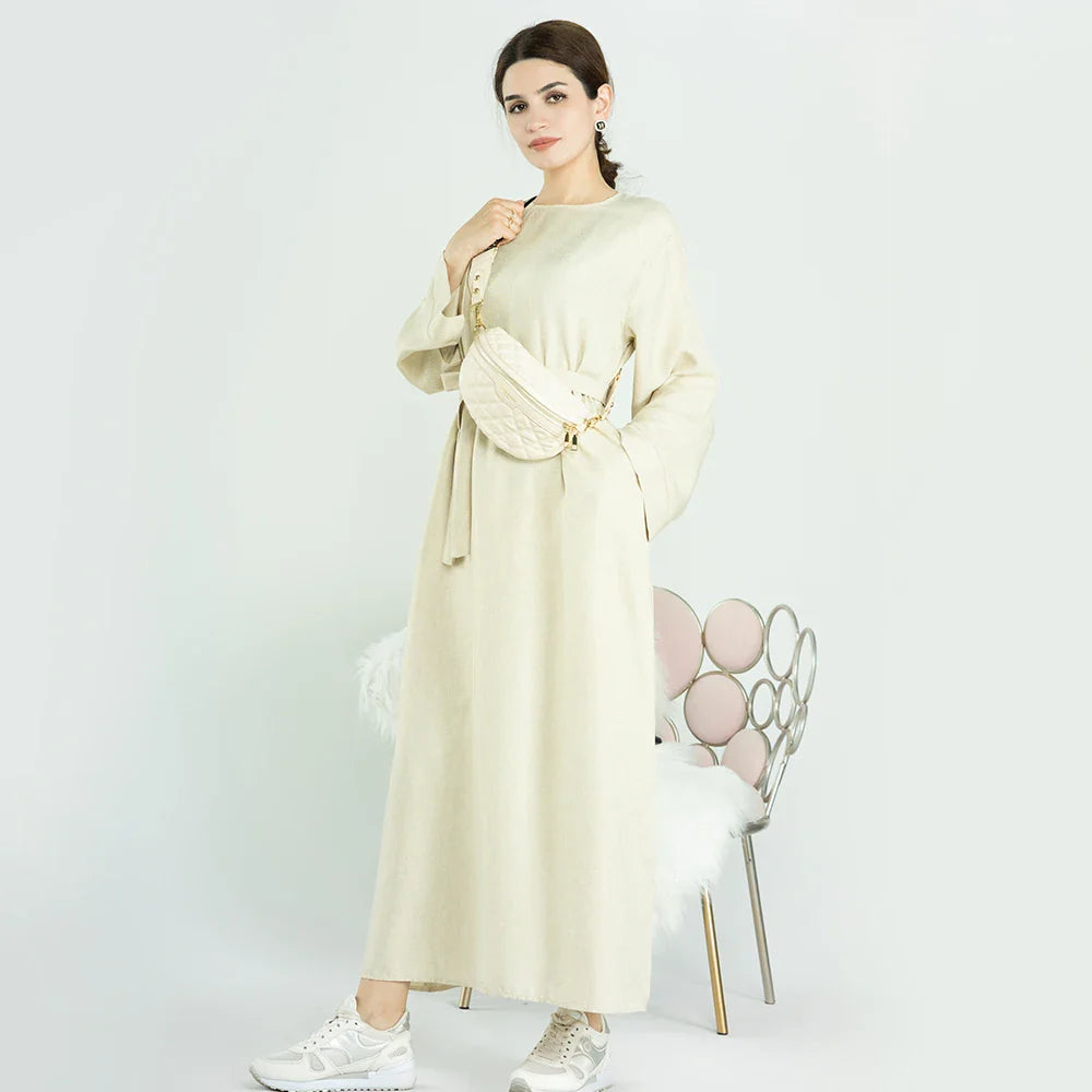 Loriya Ramadan Latest Linen Maxi Modest Dress Muslim Moroccan Open Abaya for Eid Mubarak