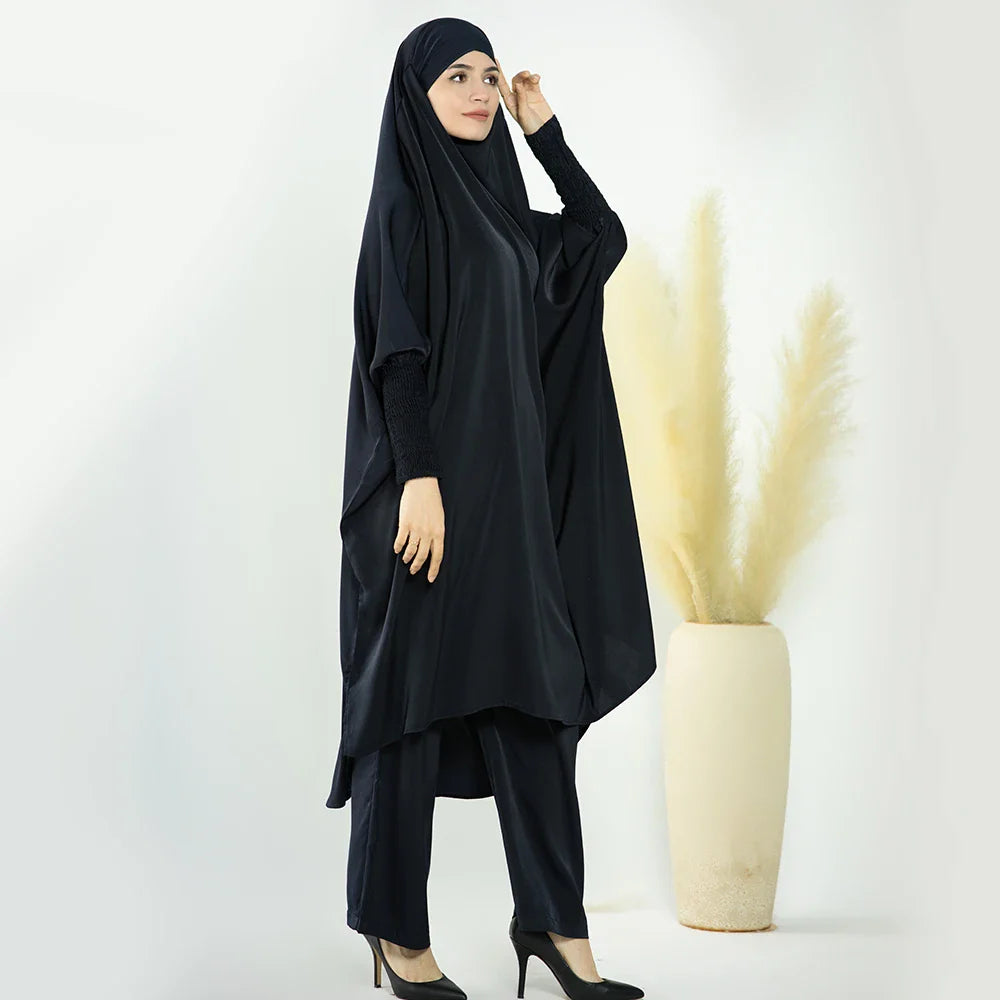 Loriya Satin Two-Piece Hijab Dress and Pants Set  Prayer Abaya Modest Islamic Clothing Muslim Prayer Abaya Set