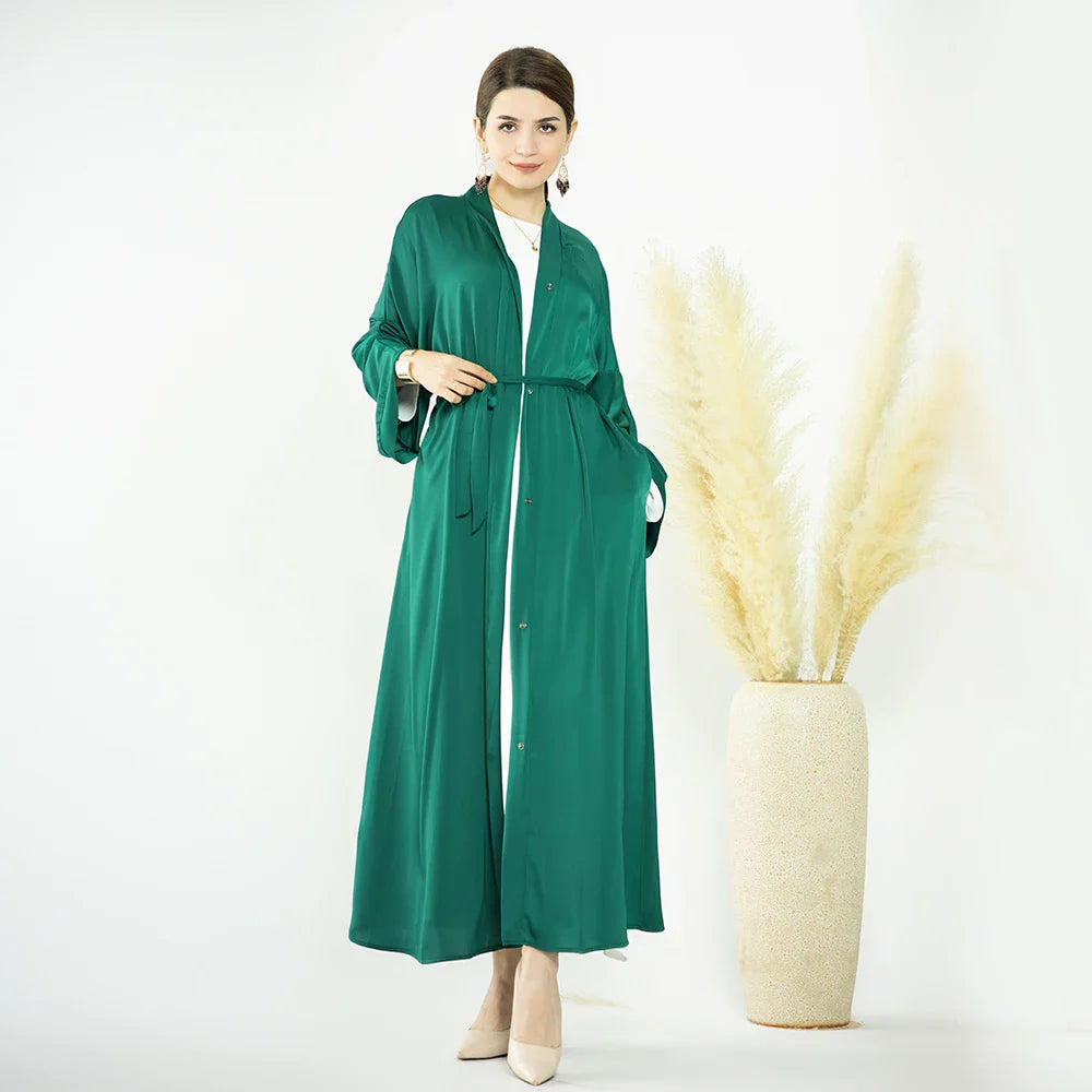 Loriya 2023 Robes modestes Couleurs unies Satin Abaya ouverte avec poches latérales Filles musulmanes Abaya 