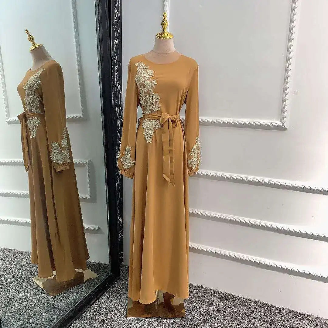 New fashion beaded embroidery maxi dress round neck summer muslim women nida dress abaya