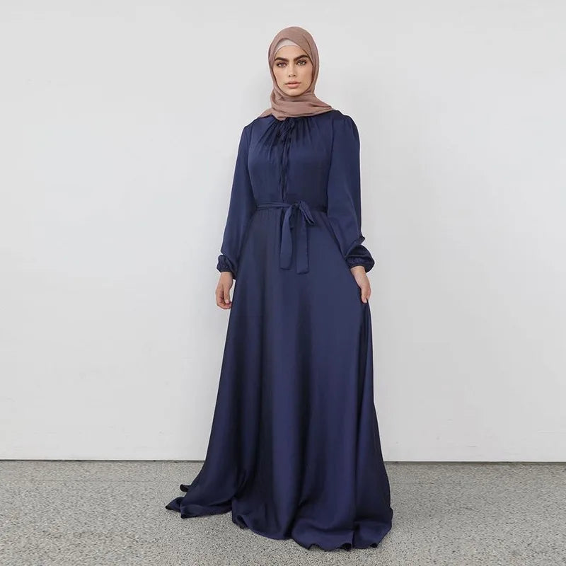 8 colors bulk wholesale maxi dresses muslim women long sleeve abaya satin dress dubai islamic clothing