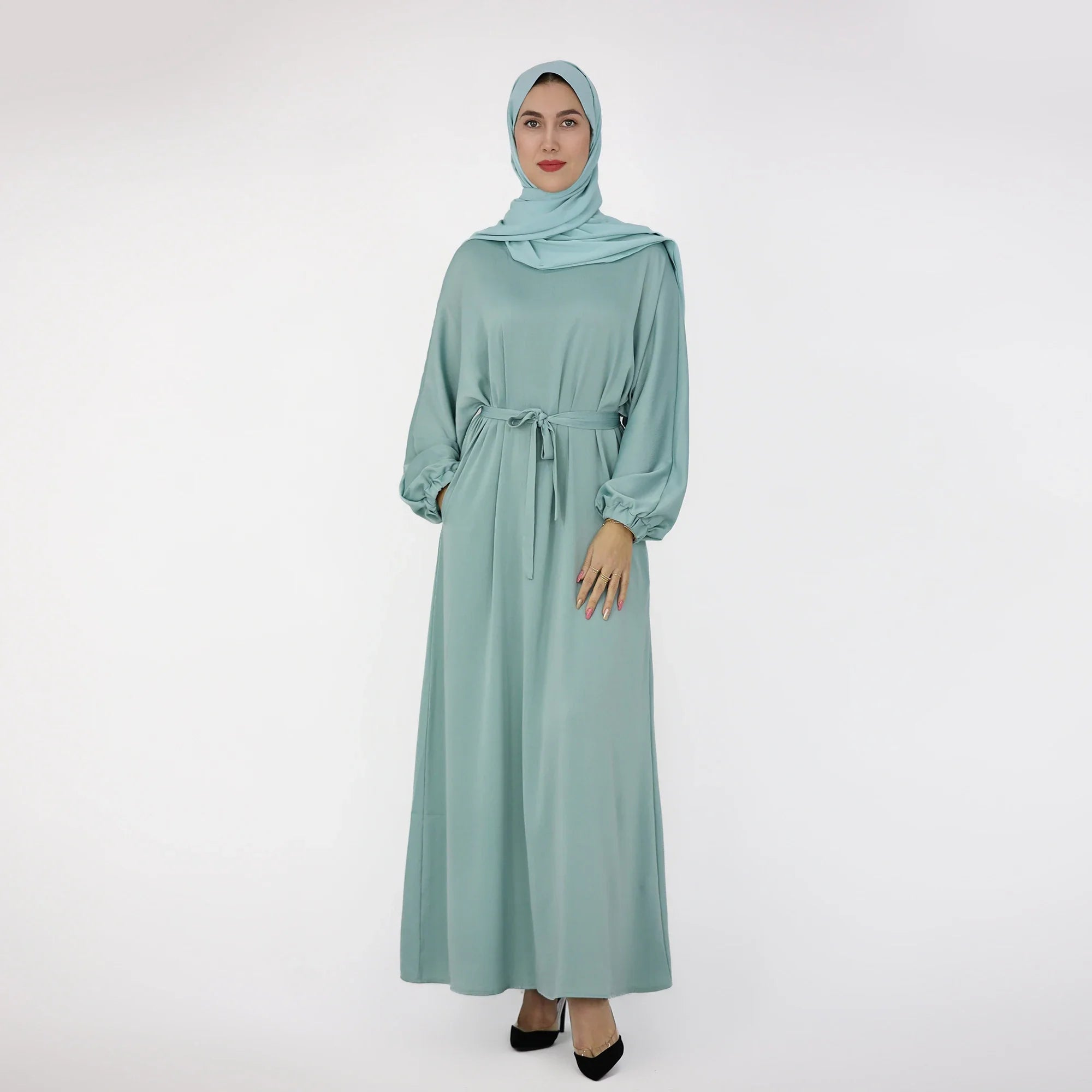 Drop Shipping Loriya New Trend Wrinkle Satin Women Modest Abaya Women Muslim Dress Fashion Muslim Clothing with Elastic Sleeve a