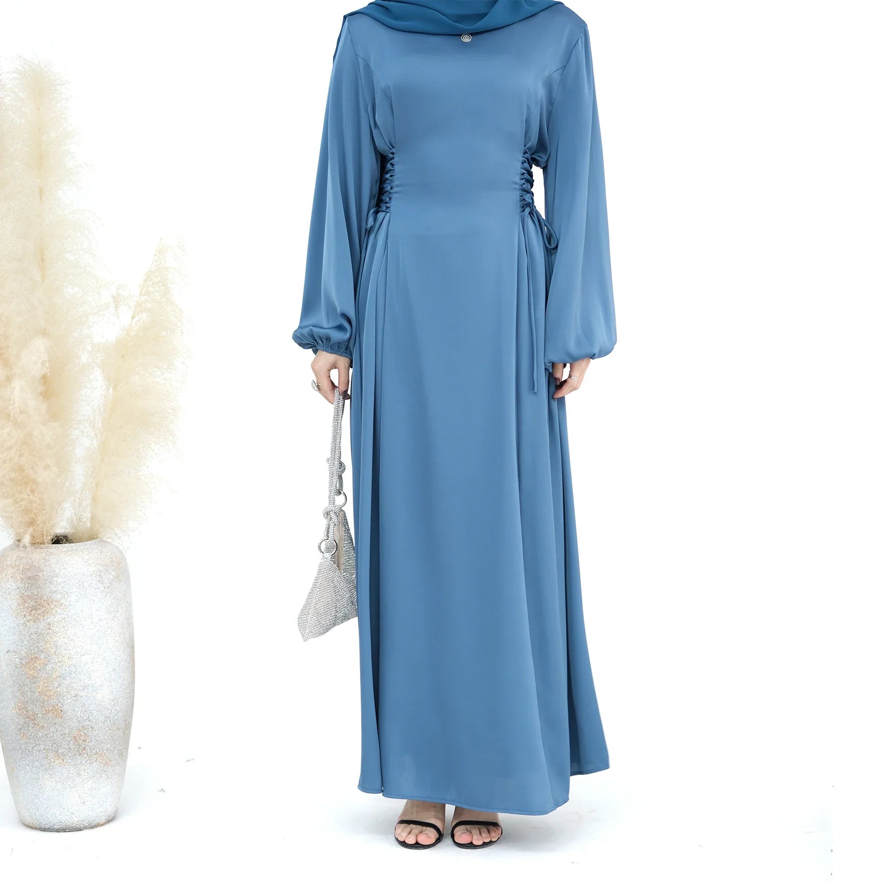 2024 Loriya Modest Satin Women Casual Dress Long Sleeve Middle East Arabic Islamic Clothing Modest Abaya Muslim Dress