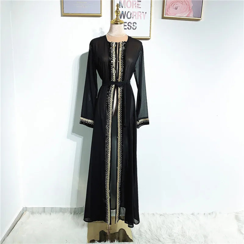 High Quality Muslim Women Sequined  Front Open Kaftan Abaya Long Dress for Eid Mubarak