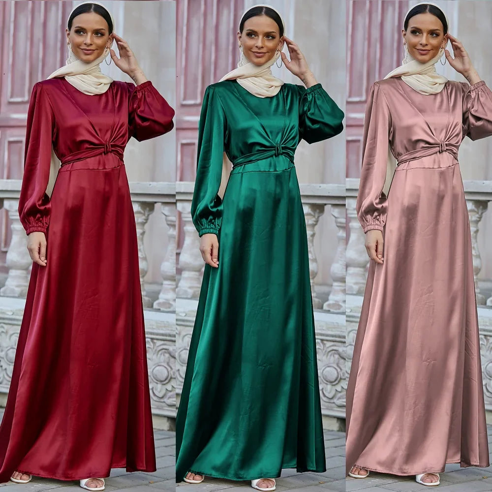 Elegant Indonesia islamic clothing satin material abaya women muslim dress long maxi slip twist islamic dresses wholesale