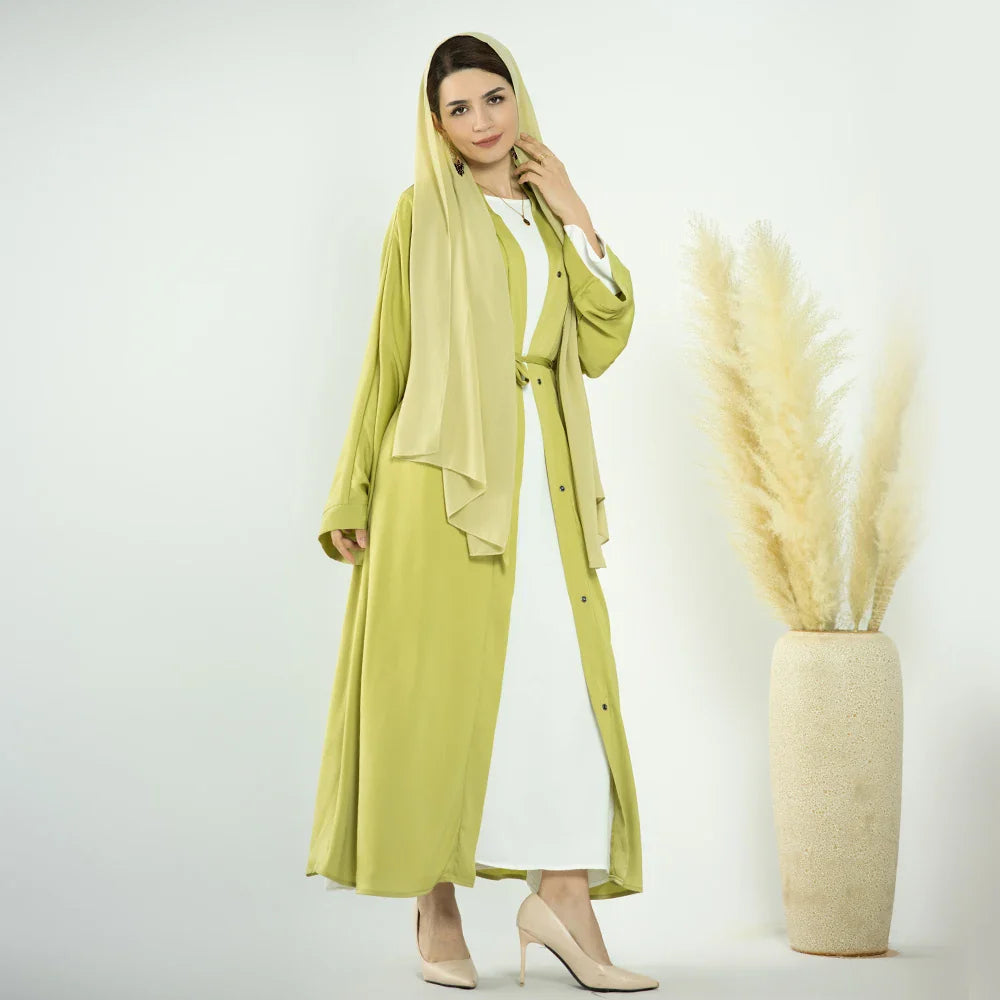 Loriya 2023 Robes modestes Couleurs unies Satin Abaya ouverte avec poches latérales Filles musulmanes Abaya 