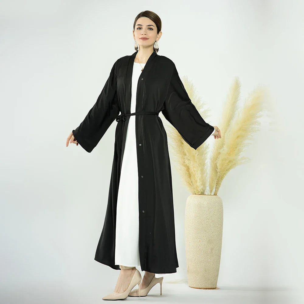 Loriya 2023 Robes modestes Couleurs unies Satin Abaya ouverte avec poches latérales Filles musulmanes Abaya 