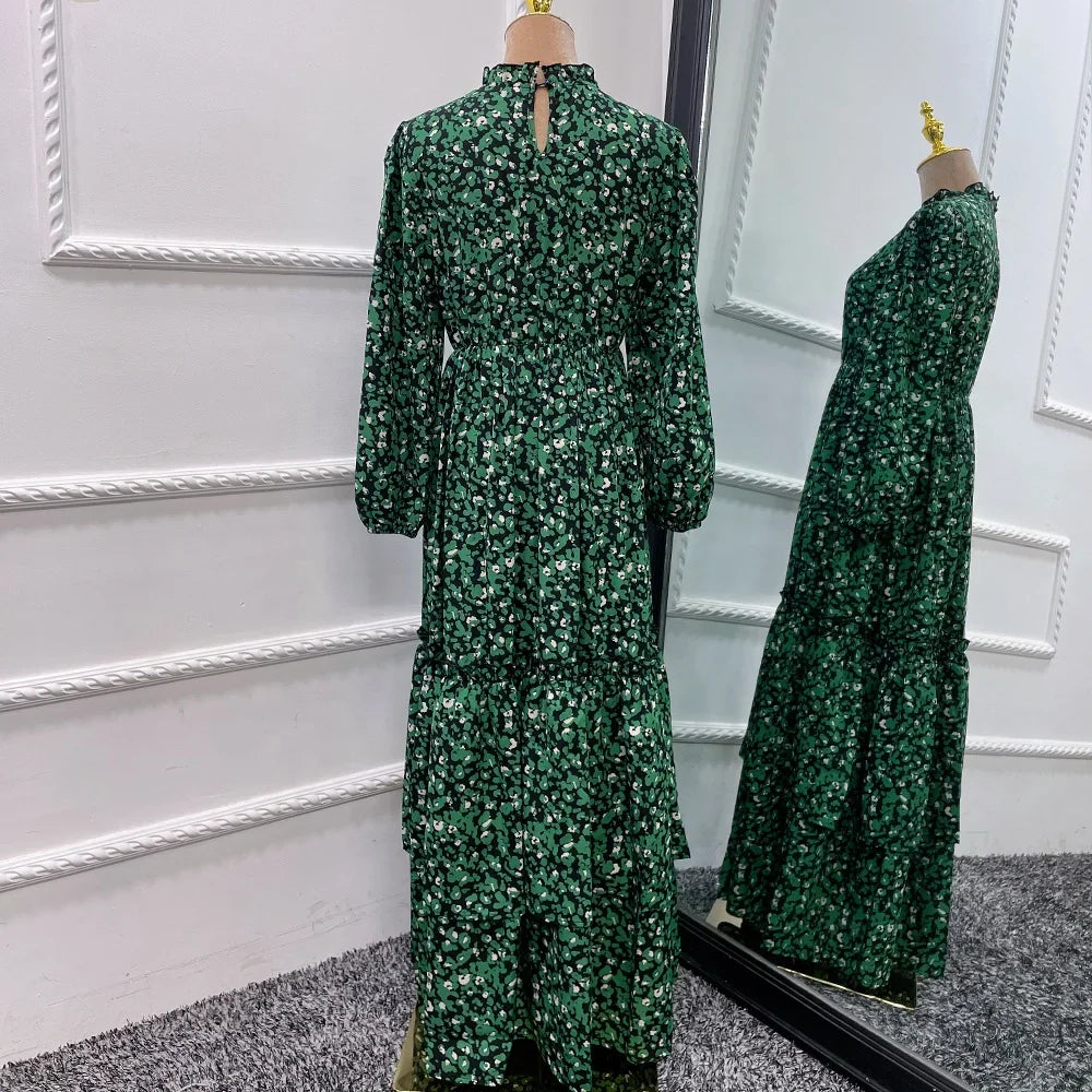 Robes longues Loriya pour femmes, élégantes abayas turques à fleurs, robes vertes superposées pour femmes 