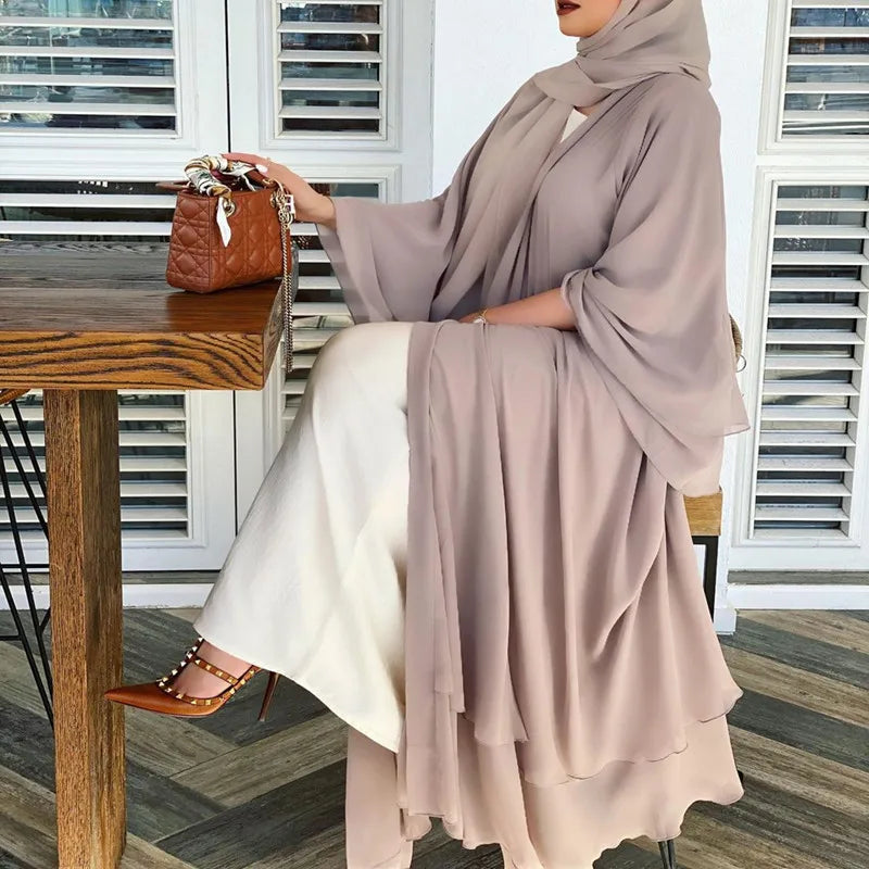 New Fashion Islamic Clothing Chiffon Long Open Abaya Two Layers Islamic Dress