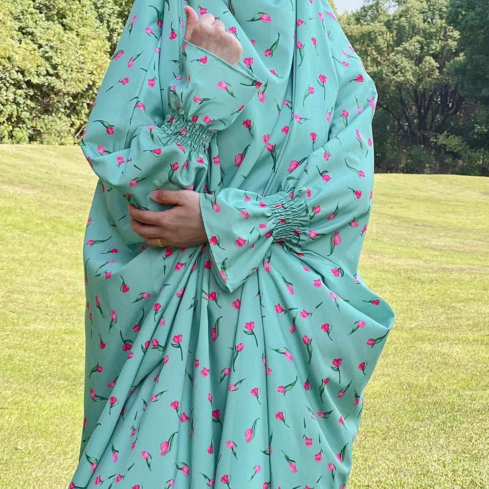 Loriya Abaya Islamic Clothing Printed Floral Abaya Dress for Muslim Women Jilbab Abaya