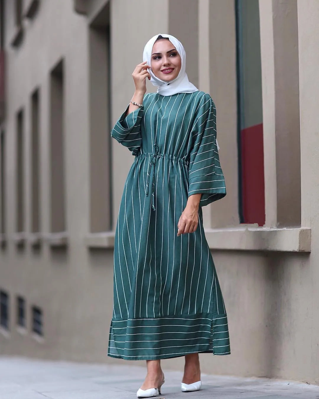 Wholesale new stripe blue green color Muslim fashion Dubai Abaya Islamic clothing summer dress