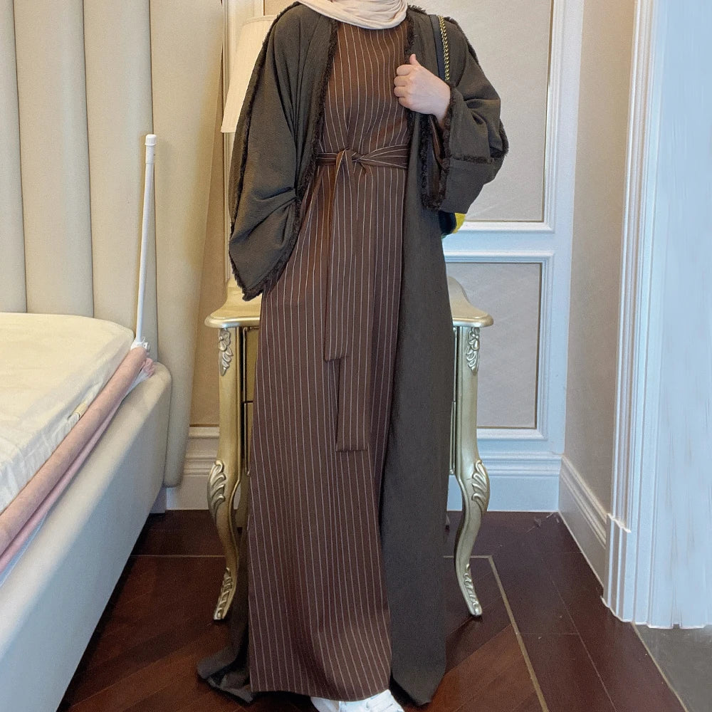 2023 Loriya Newest Maxi Dresses Stripe Dubai Ramadan Kaftan Islamic Arab Clothing Abaya Muslim Women