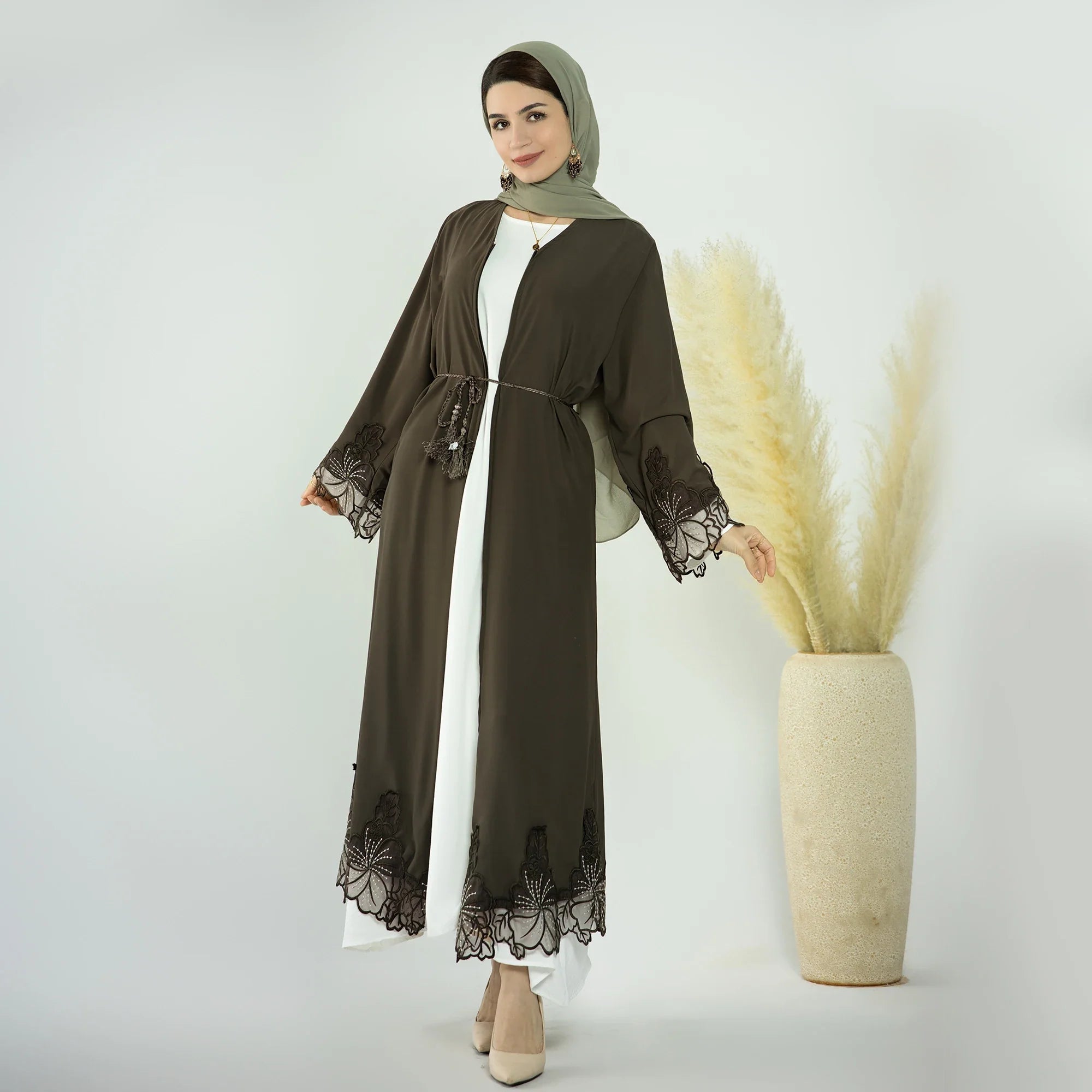 Loriya Ramadan Latest Nida with Embroidery Modest Closed Dresses Ladies Dubai Abaya Muslim Women