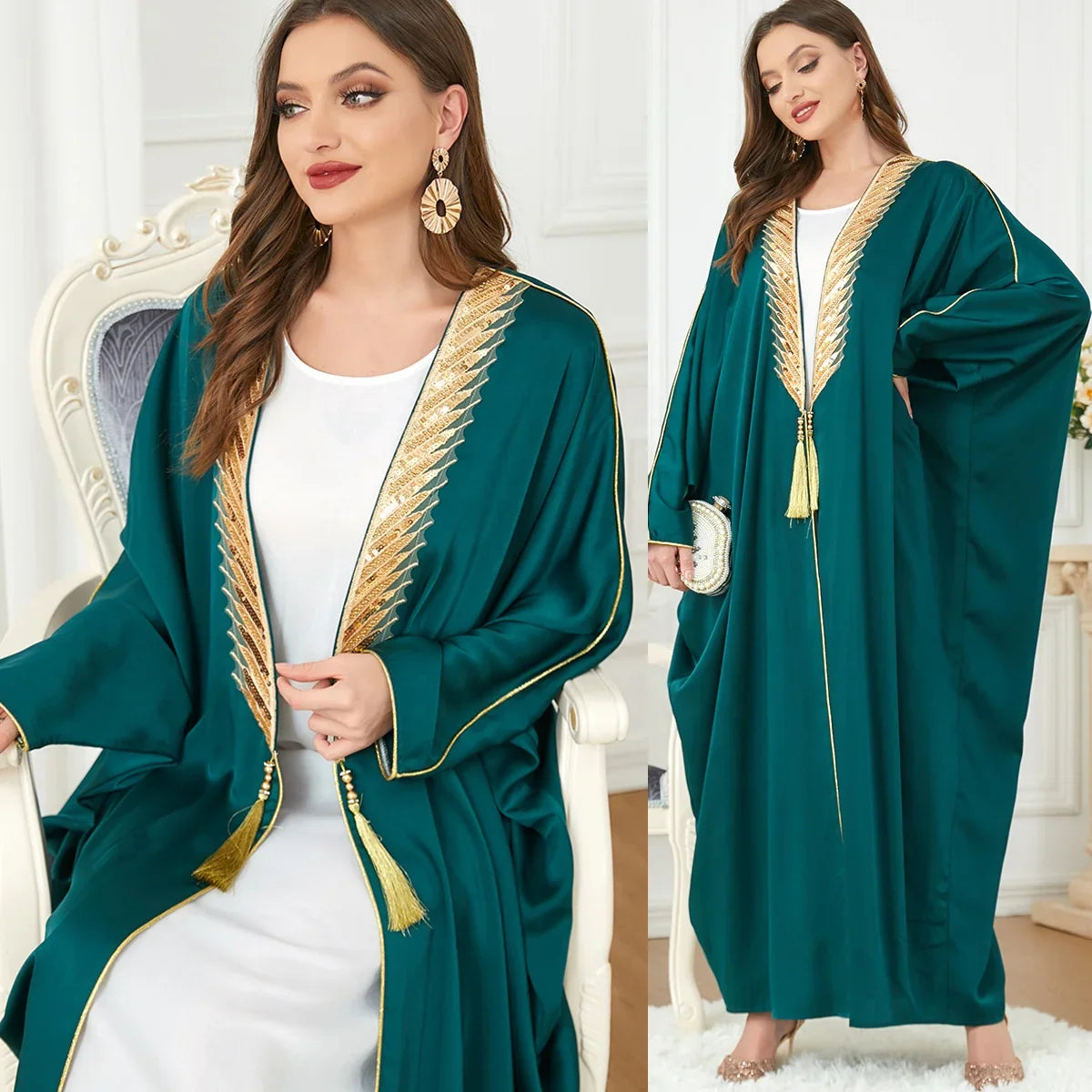 Vêtements Loriya Moyen-Orient Vêtements islamiques EID Dubaï Robes arabes saoudiennes avec bordure dorée Kaftan vert Abaya 