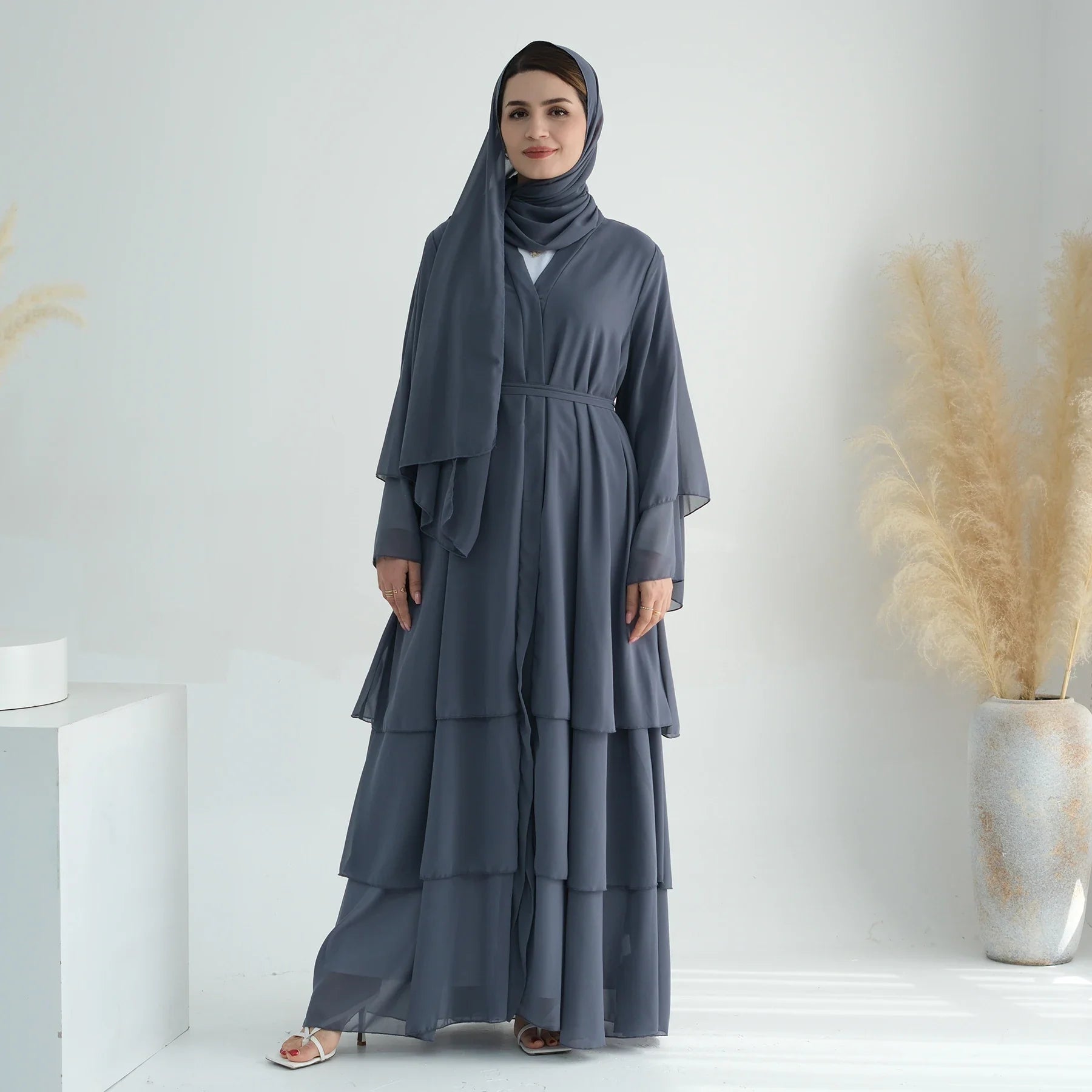 Loriya 2024 New Big Hem Dubai Elegant Kimono Abaya Women Muslim Dress 3 Layers Chiffon Open Abaya Turkey Islamic Clothing