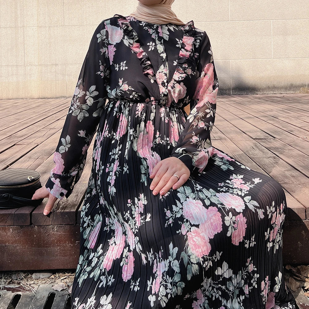 Loriya Fashion 2023 Nouvelle Robe à Fleurs Imprimée en Mousseline de Soie EID Abaya Femmes Robe Musulmane Vêtements Islamiques Robe Modeste En Gros 